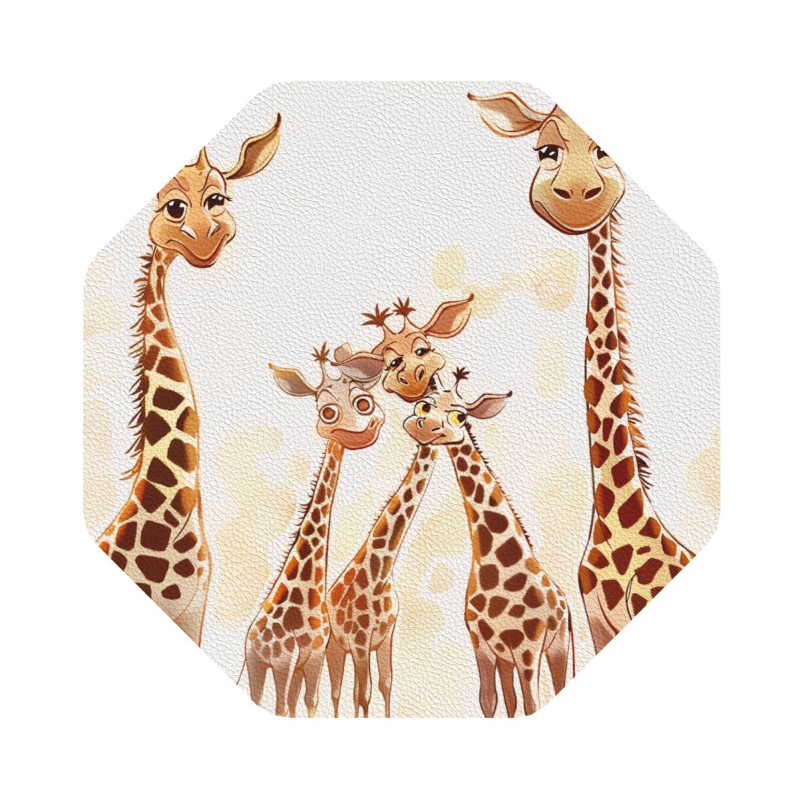 Cute Cartoon Funny Giraffes Print Leather Coaster Set of 6, Octagon Coasters Table Decorative Coffee Cup Beverage Coasters Wine Beer Bar Coasters for Hot Drinks Table Protection