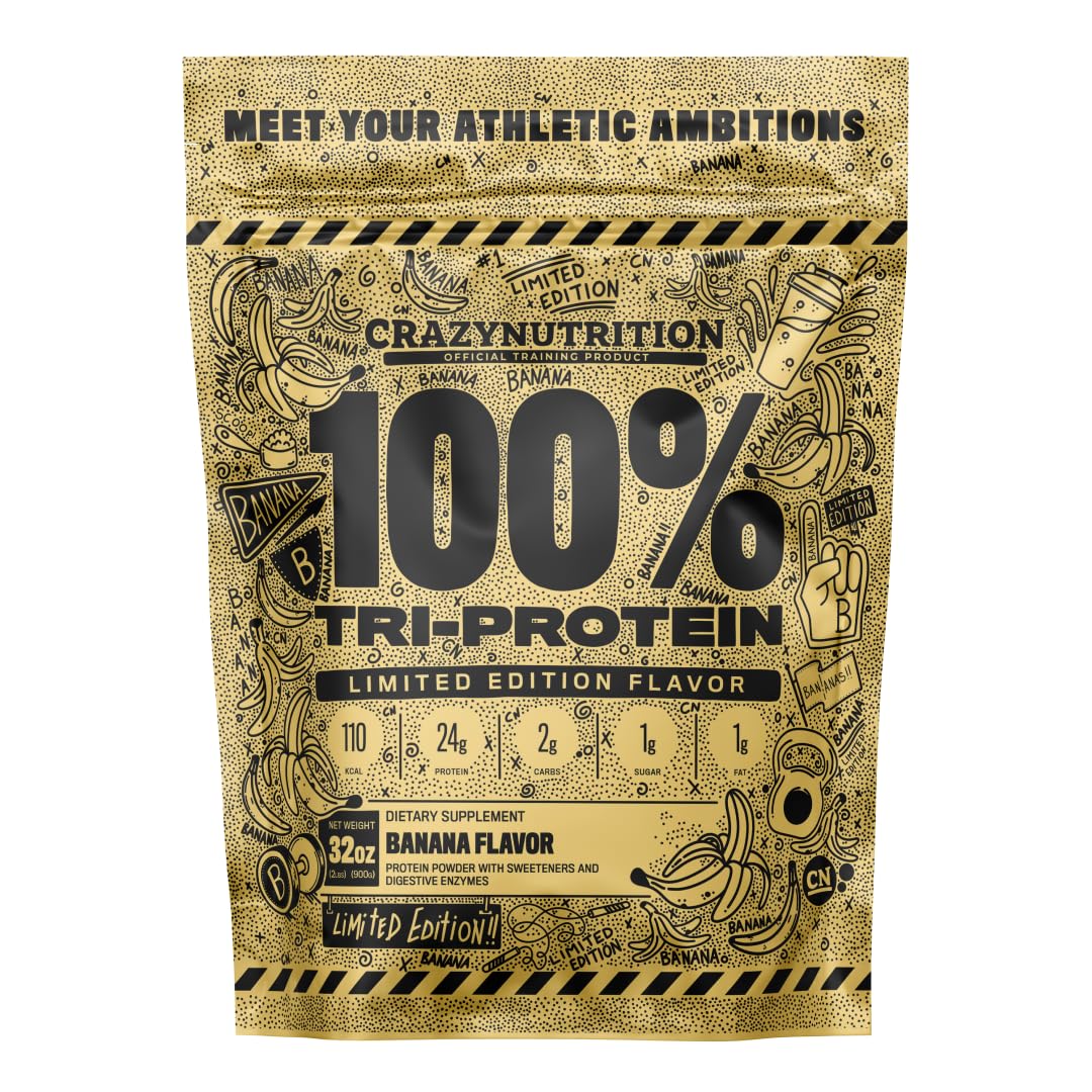 CrazyNutrition 100% Tri Protein - Whey Protein Isolate Powder Shake for Optimum Muscle Gains, 24g Protein per Serving, 4 Flavours, Low Calorie (900, Banana)