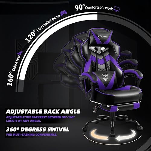 Miniatura 6 de Vonesse Silla para videojuegos, silla de juegos de respaldo alto con reposapiés y masaje, sillas de juegos para adultos con cojín de resorte de