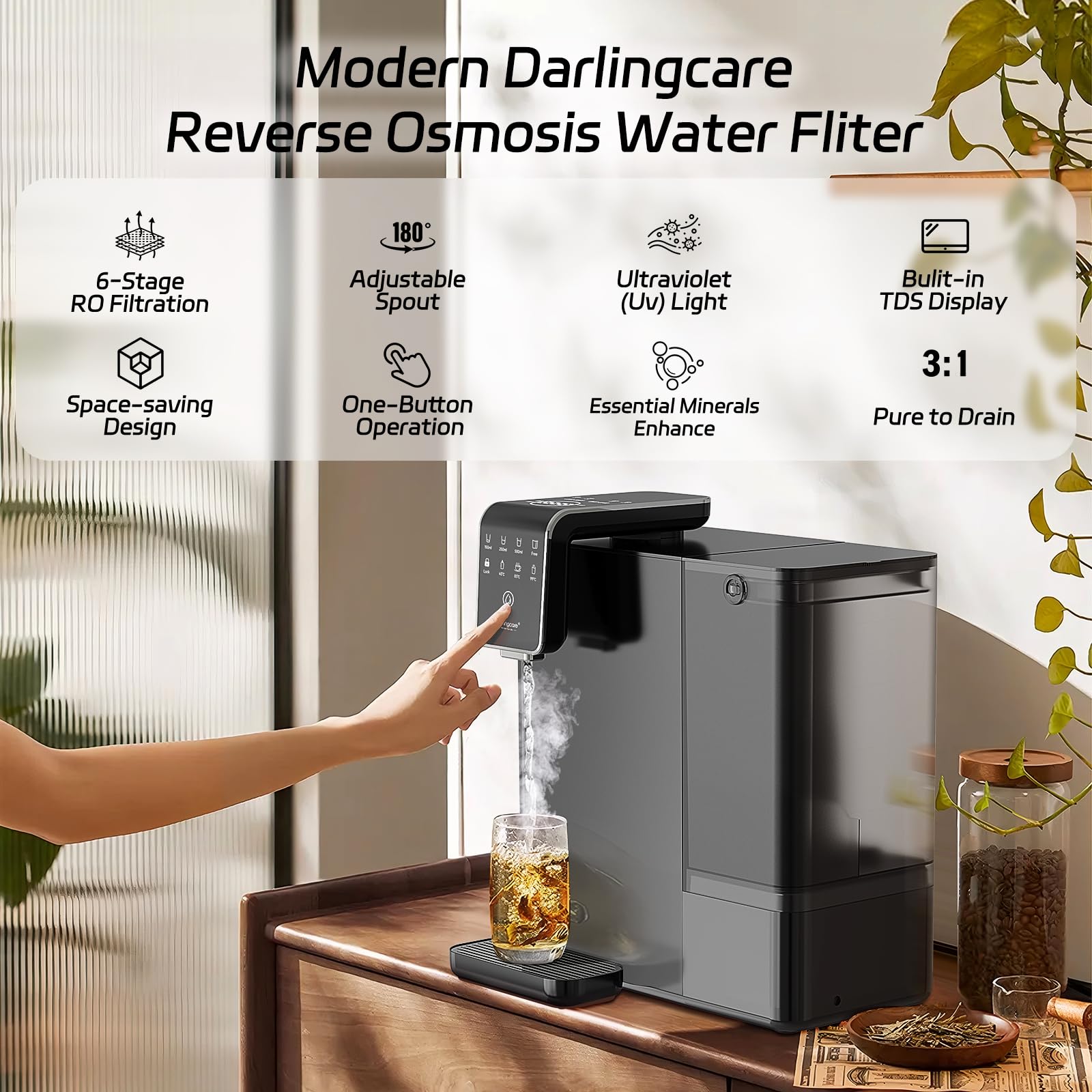 Osmoseur Inverse Distributeur Eau Chaude: osmose inverse avec filtration à 6 niveaux Système d'osmose inverse de comptoir moniteur TDS en temps réel 3:1 pur à évacuation pour Cuisine Bureau Maison