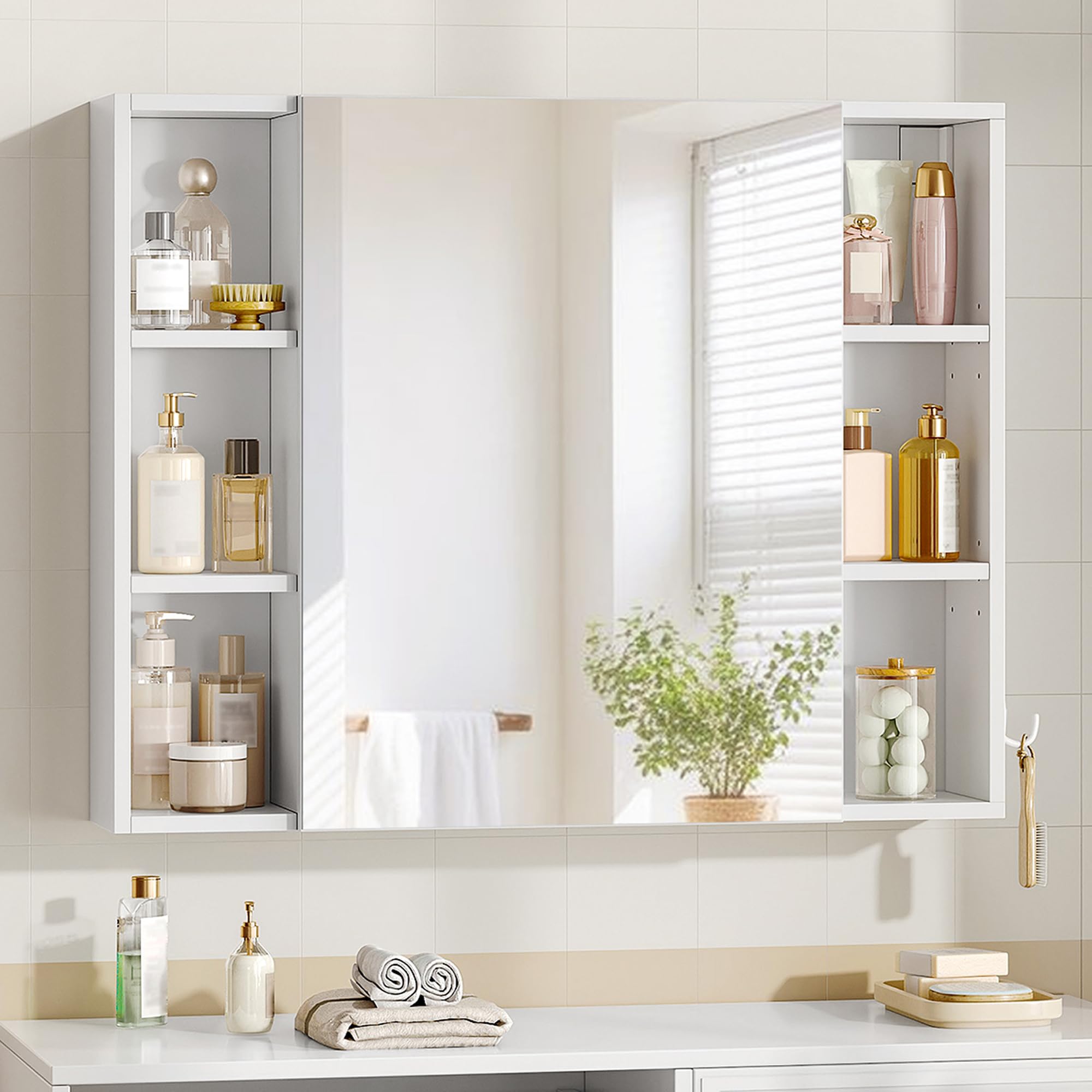 Hzuaneri Specchio Bagno Contenitore, Ripiani Aperti, 16,5 x 80 x 65 cm | Mobile da Bagno a Specchio, Regolabili, Bianco, a Parete, Montaggio Flessibile, MC23303X