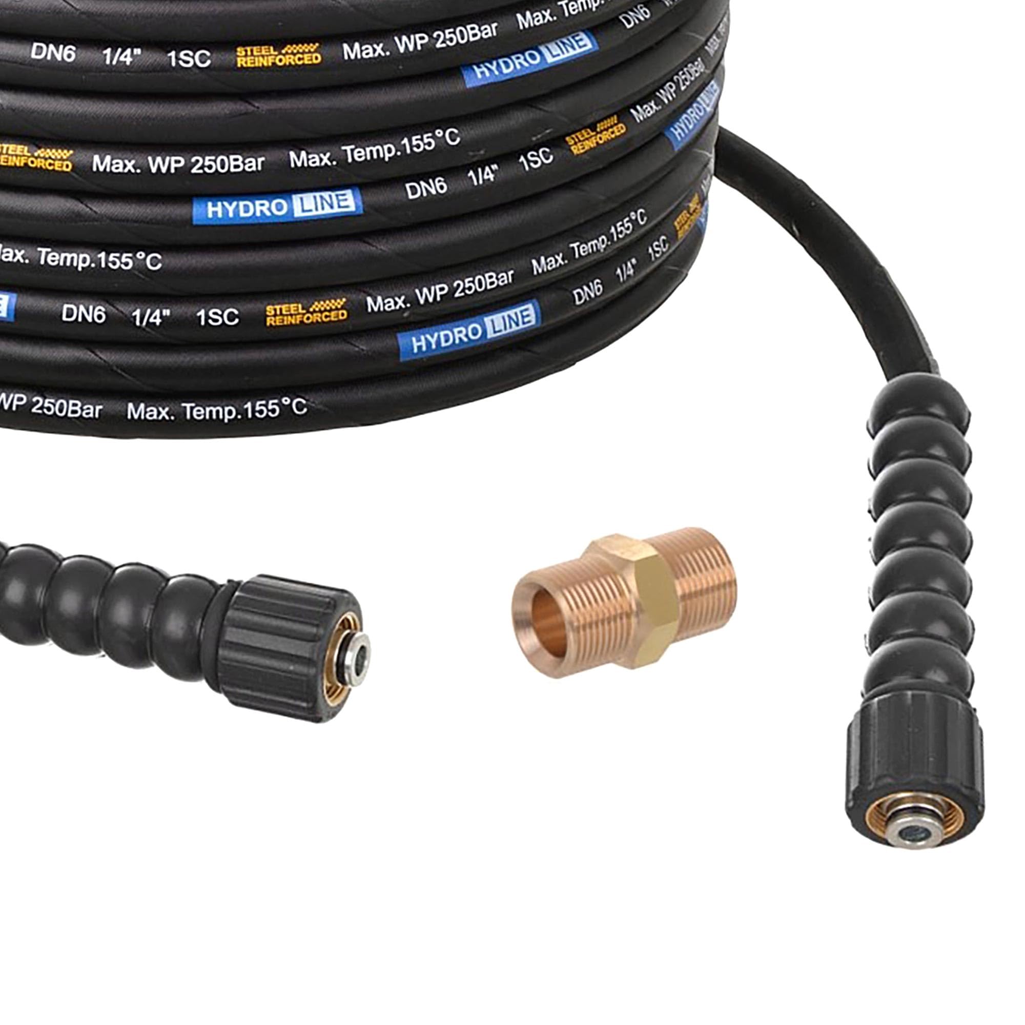 TECHKAR Tubo Flessibile per Idropulitrice + Tubo in Gomma con Treccia in Acciaio - Compatibile con Kärcher Wap Alto Kränzle e Altri W Filetto Maschio M22-250bar Dado di Raccordo M22 Doppio 30 m