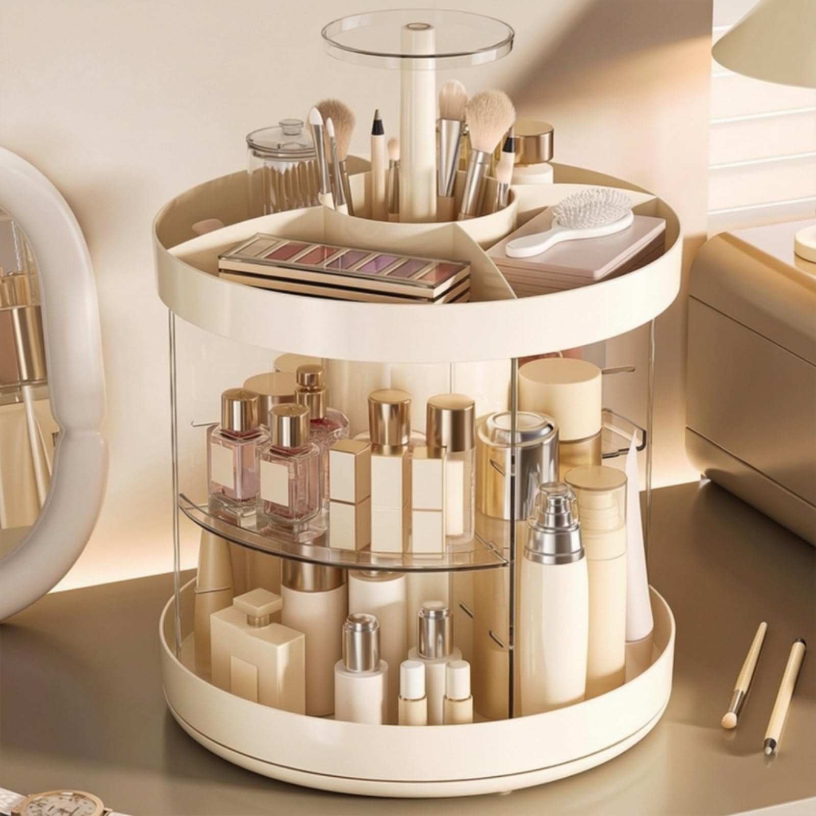 rockible Organizador Giratorio Maquillaje Acceso Rápido Organizador Cosméticos con Compartimentos Morno Brochas Maquillaje para Tocador