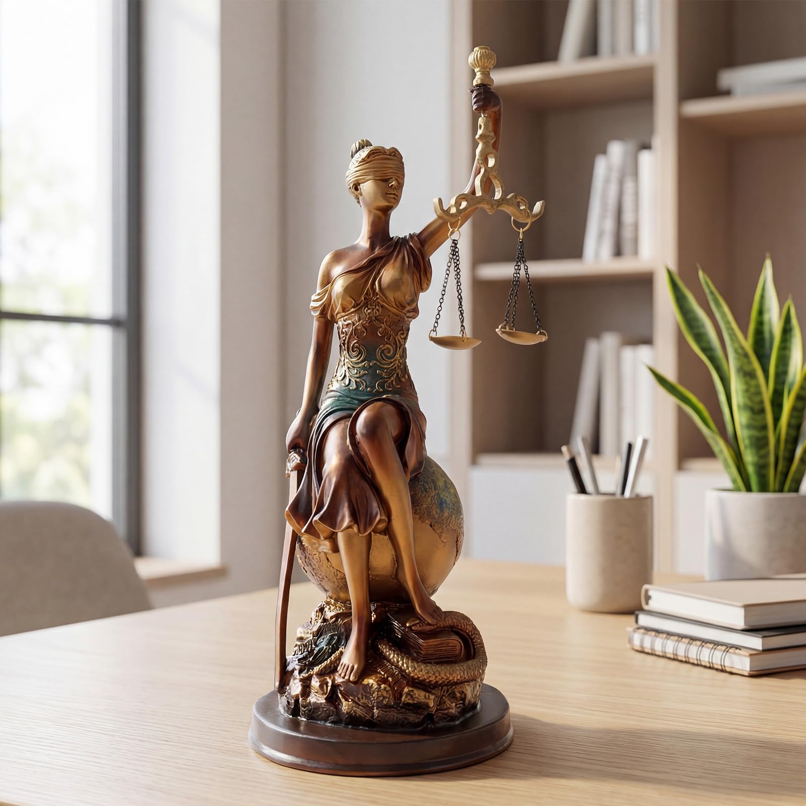33cm Statua Seduta della Giustizia, Figurina in Resina della Dea Greca della Giustizia, Regalo da Scrivania per Avvocato e Giudice, Giustizia Cieca con Bilancia e Spada