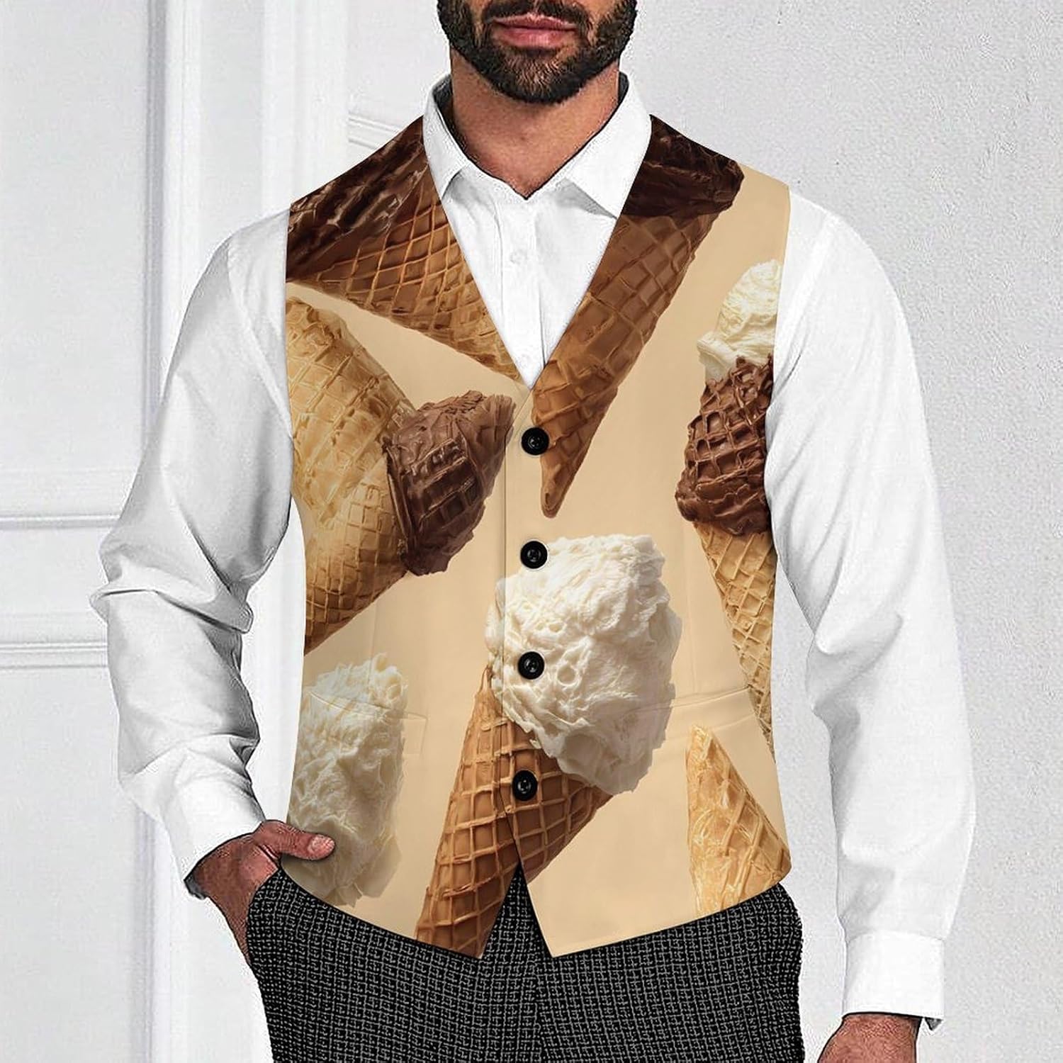 Ice Cream Wafers Cone Mens Suit Vest Waistcoat Formal Business Dress Tuxedo Wedding