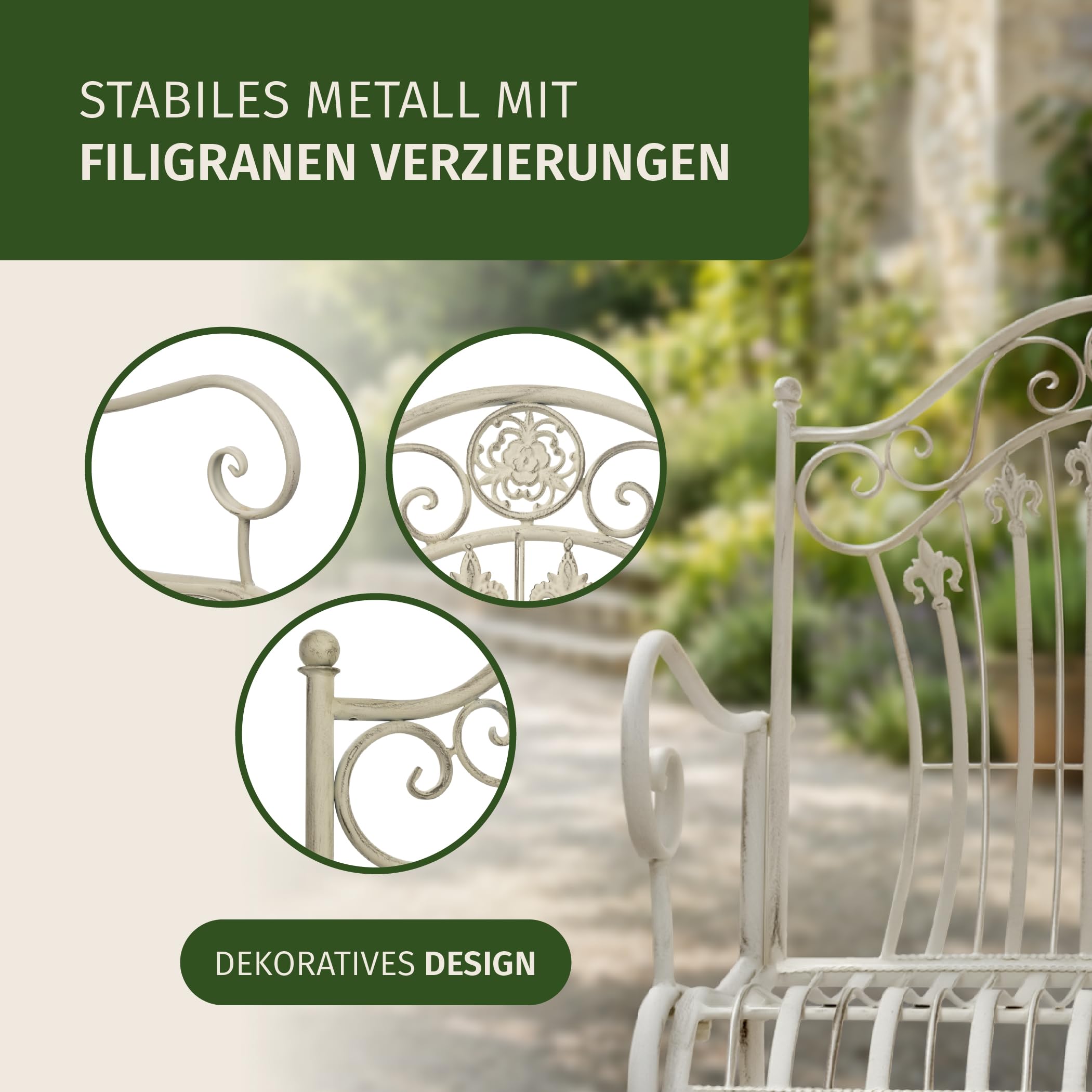 Moritz Ławka ogrodowa 113 cm, metalowa, antyczna biel, 2-osobowa ławka do siedzenia z filigranowymi zdobieniami liliowymi w stylu shabby chic, odporna na warunki atmosferyczne, do ogrodu, na taras i