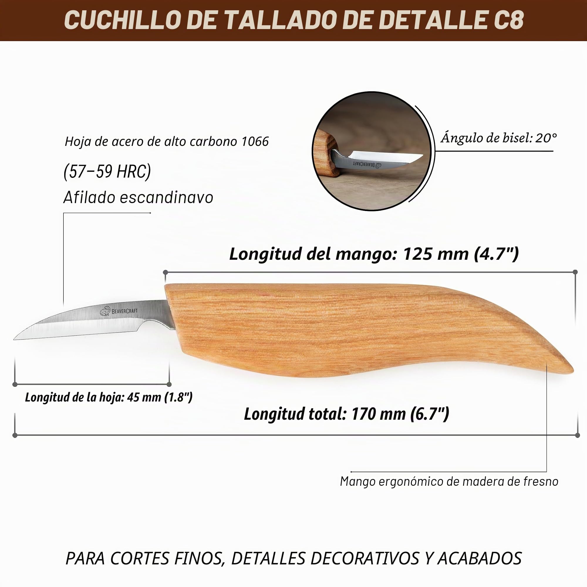 BeaverCraft, Cuchillo para tallar madera C8 de 4.6 cm Sloyd para detalles - Herramientas de tallado en madera para principiantes y niños
