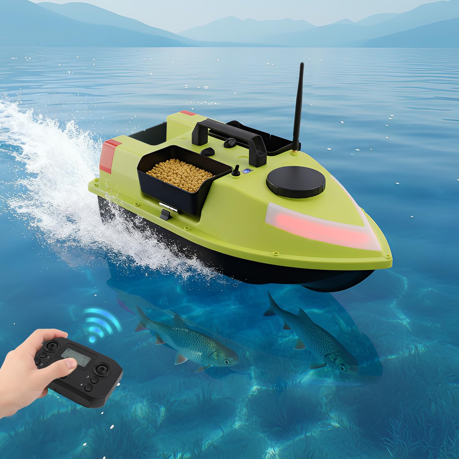 600M Angeln KöderBoot Mit LED-Leuchten, GPS Angelköder Boot, Fernbedienung Futterboot, Verstellbare Farbe, Nachtlicht Positionierung, ABS Fischköder-Boot,Dual 390 Motoren, 2 5200mAh Batterien
