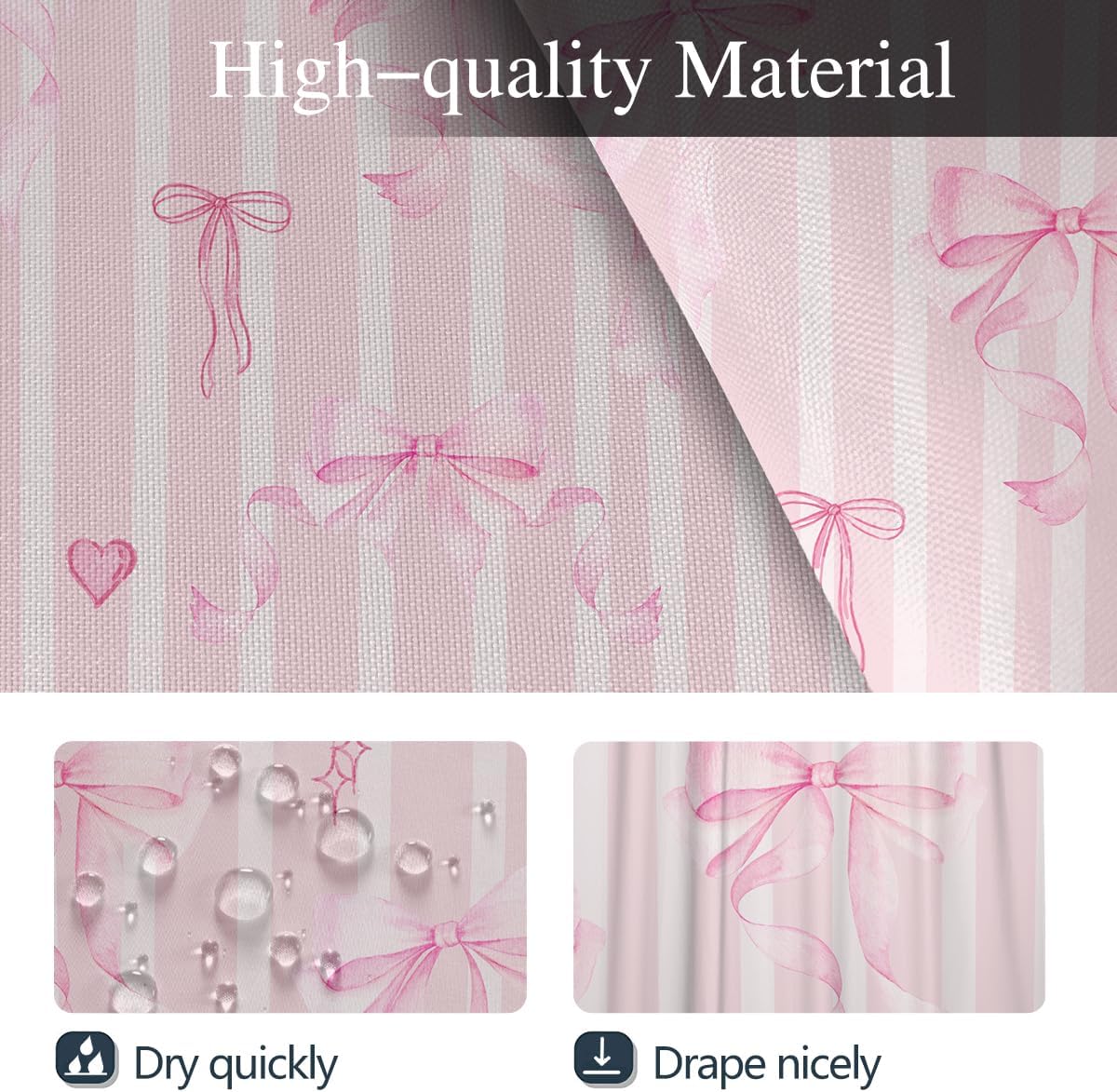 Coxila Pink Bow Shower Curtain Set Cute Fun Girls Girly Kids Preppy Princess Pastel Coquette Aesthetic Toilet Lid Cover U Shaped Bath Mat 4 Pcs Decor Bathroom Non-Slip Rug Fabric Polyester 60x72 Inch