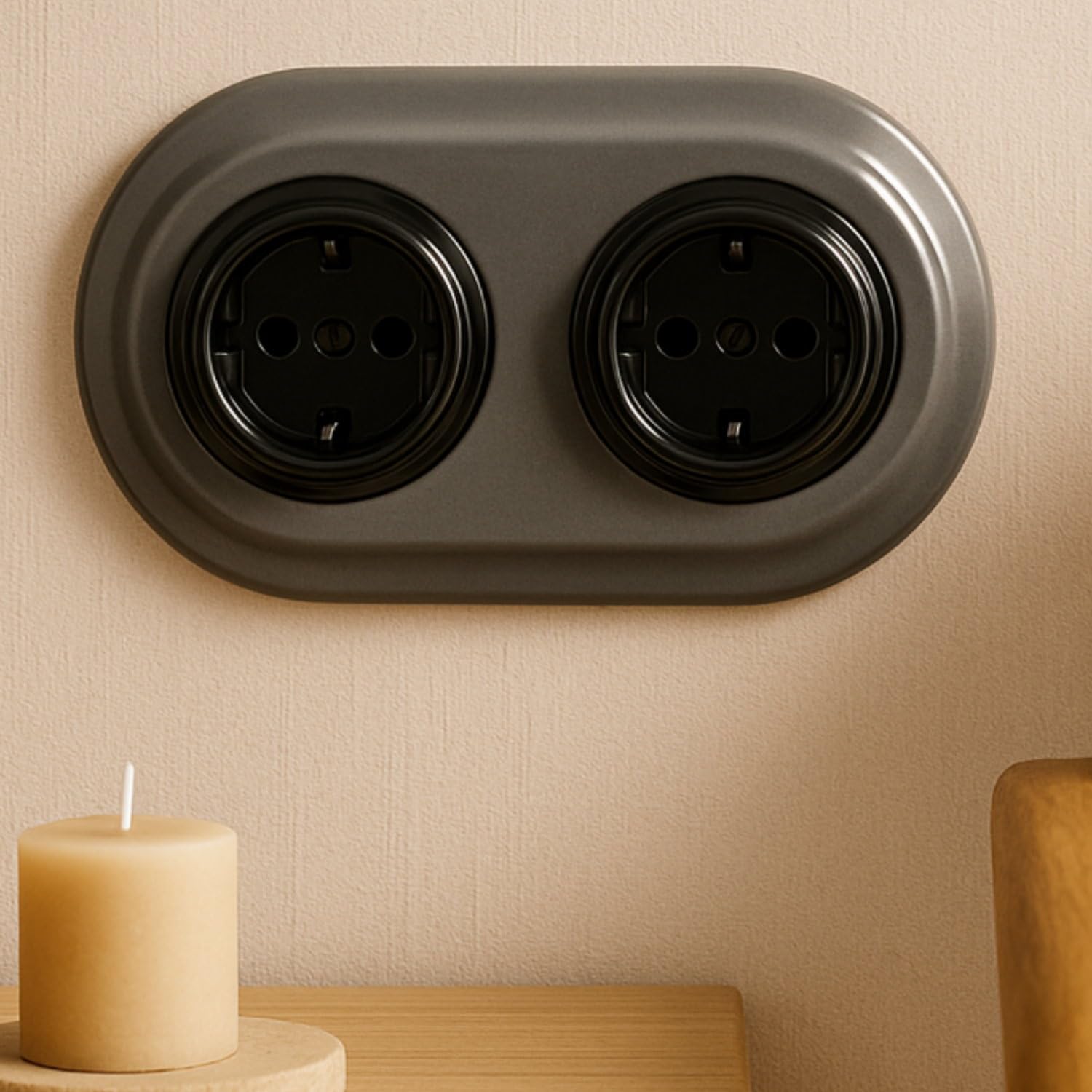 Unterputz Porzellan Retro Steckdose 2-fach, All-in-One, Serie PR1 signalgrau