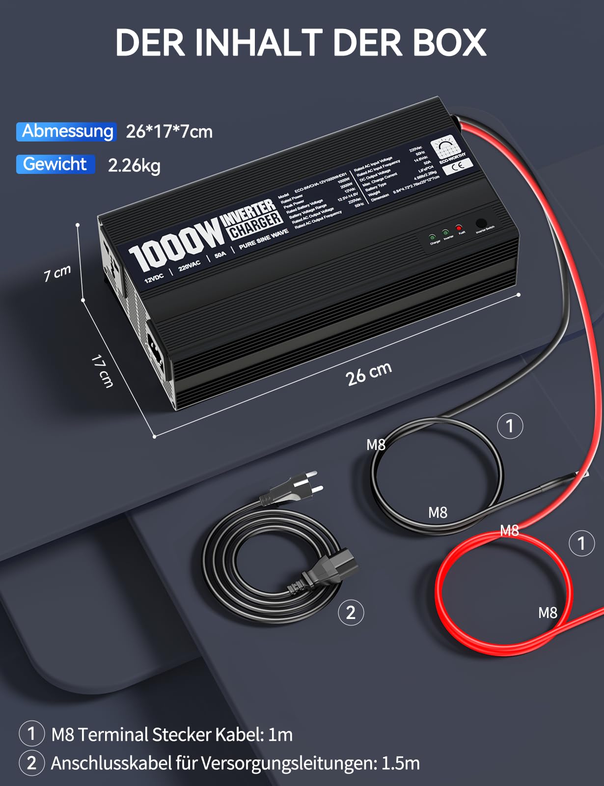 ECO-WORTHY 14,6V 50A Chargeur LiFePO4 avec convertisseur 1000W 12V à 230V, priorité au Secteur et Fonction UPS, pour Batterie LiFePO4 Deep Cycle, véhicule, Camion, Voiture