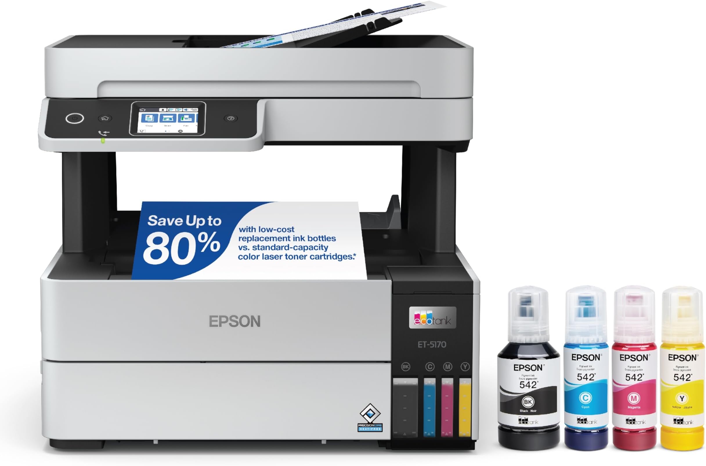 EcoTank Pro ET-5170 Wireless Color All-in-One Supertank Printer with Scanner, Copier, Fax Plus Auto Document Feeder White Large