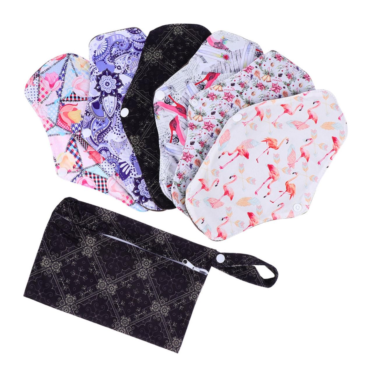 Compresas Higiénicas Lavables 7 Piezas Carbón de Bambú M | Alas y Broches de Fijación, Reutilizable E, Uso Nocturno, para Exterior y Viaje Estilo Aleatorio