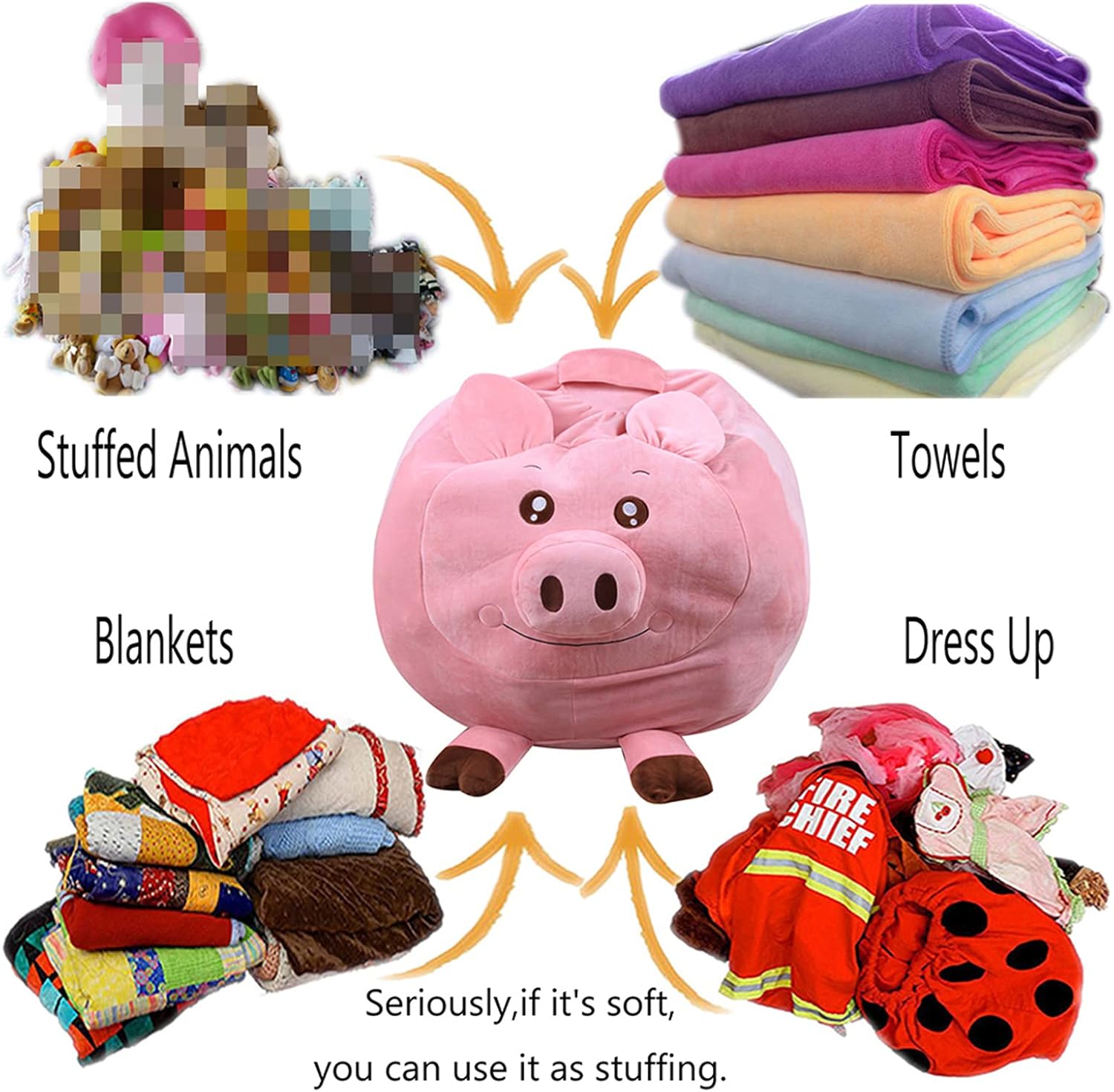 LDIW Organization for Kids Toy Storage, Stuffed Animal Storage Zipper Bean Bag Chair Floor Lounger Cover for Kids, Without Filling,Pig