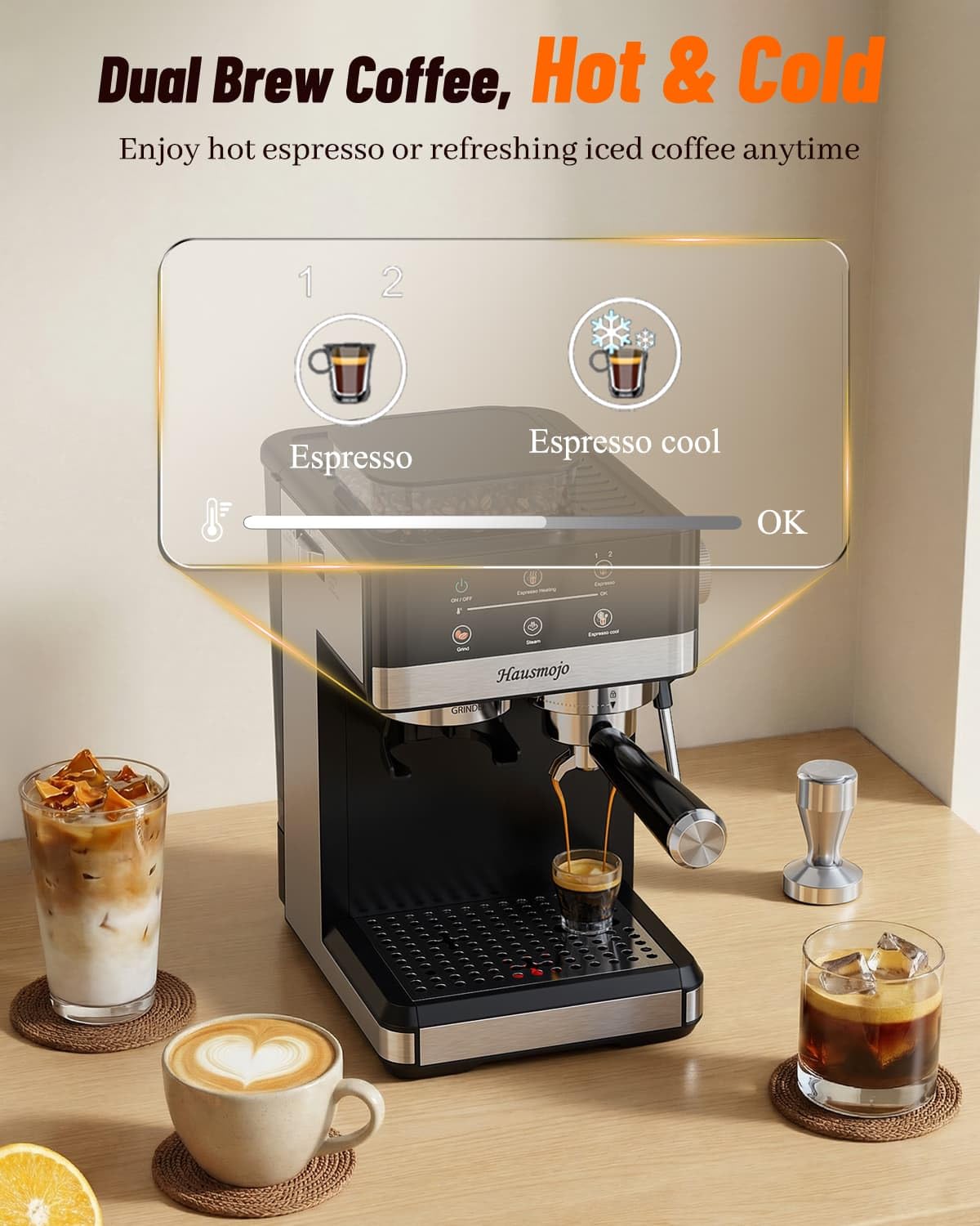 Máquina de café espresso con amoladora, cafetera compacta de 20 barras con espumador de leche, máquina de café profesional para el hogar, control táctil, capuchino y cafetera con leche