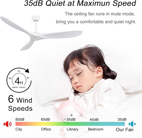 Miniatura 9 de Ventilador de techo de madera de 52 pulgadas, sin luz, ventilador de techo para interiores y exteriores con control remoto, motor CC reversible sin