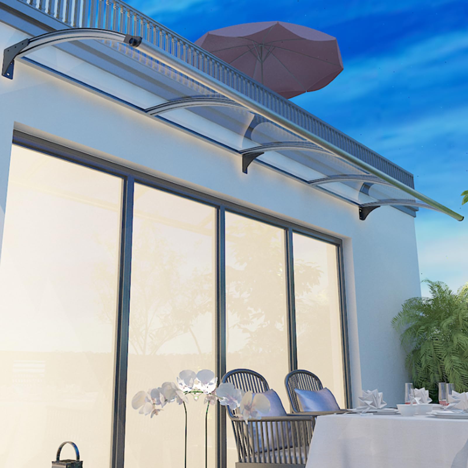 markise mit regenrinne Vordach für Haustür Fenstermarkise gegen Regen,Schnee,UV,Dach,Markise Schutz aus Polycarbonat Rahmen aus Aluminium,Sonnendach,Terrassentür (65×320cm) Baumarkt Color:Helicopter Black Ein Reim; Ich weiß, shelto:family