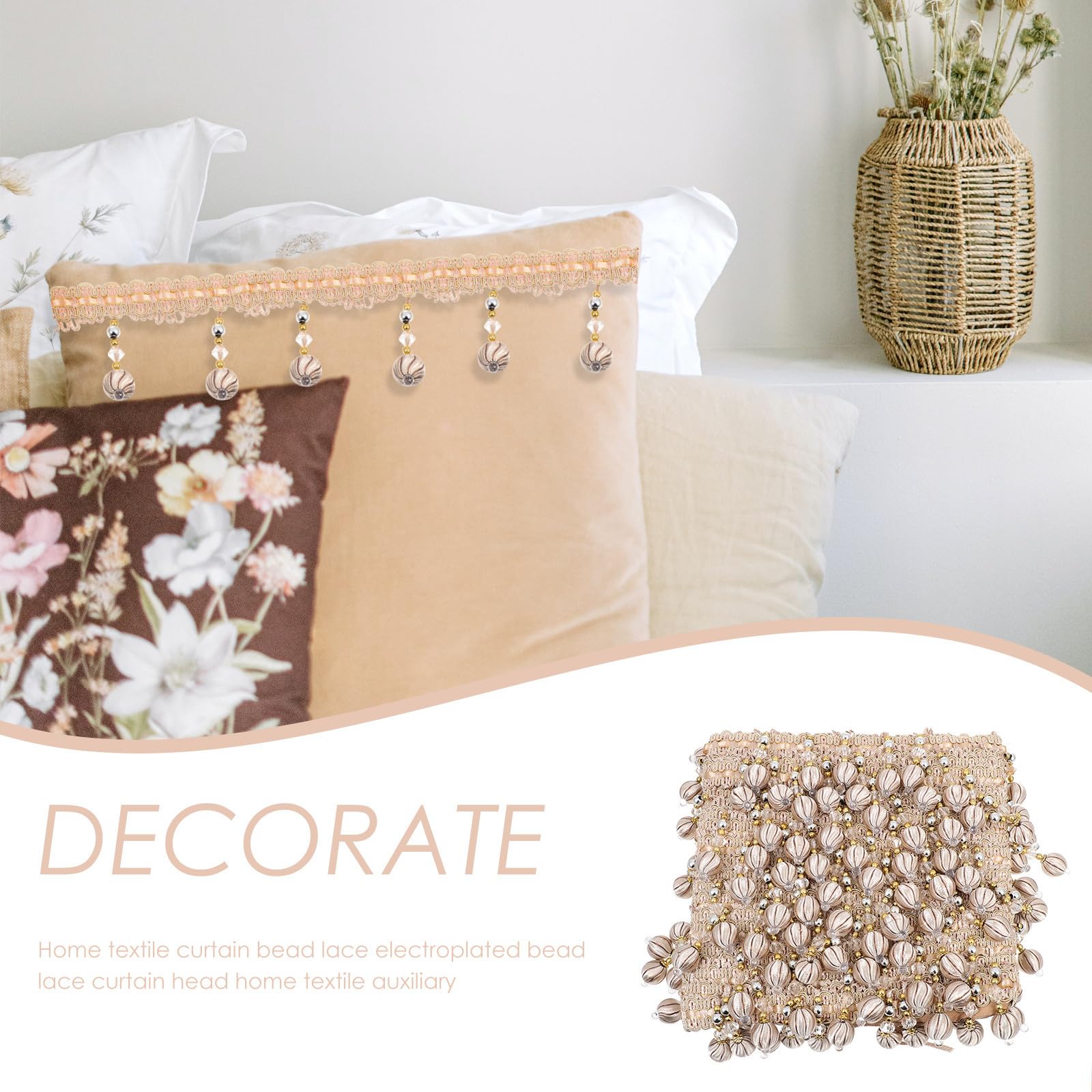 Bordure à Franges de Rideaux Perles Beige Accessoire de Rideau Salon Polyester Frange Pompon Décorative pour DIY Fourniture Rideau et Décoration Maison