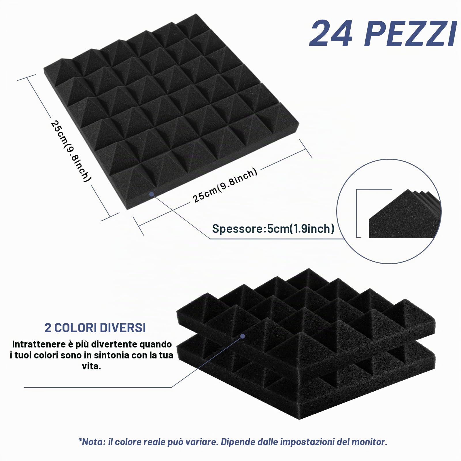Imbottitura insonorizzante, AGPtEK 24 Packs Schiuma Insonorizzante 25x25x5CM Pannelli in Schiuma Acustica Neri, Ideale per la Registrazione in Studio, Sala TV, Ufficio e Registrazione Podcast…