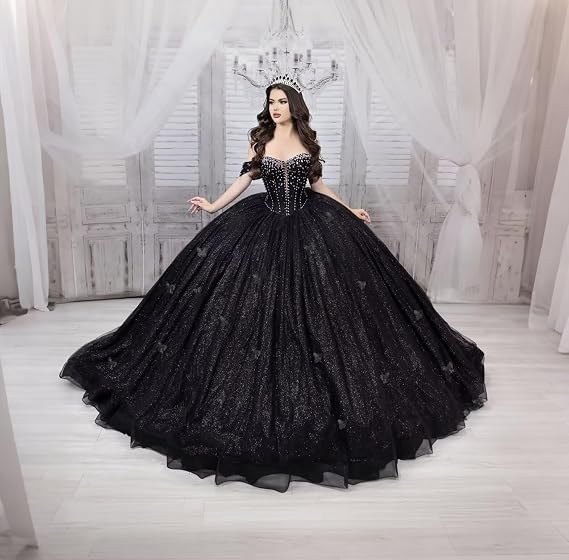 Mouccy Beaded 3D Butterfly Beaded Quinceanera Dresses Off Shoulder 15 Dress | Princess Pearly Sweet 16 Dress with Detachable Big Bow, Glitter Tulle XV Dresses for Quinceanera, Coming of Age Ceremony