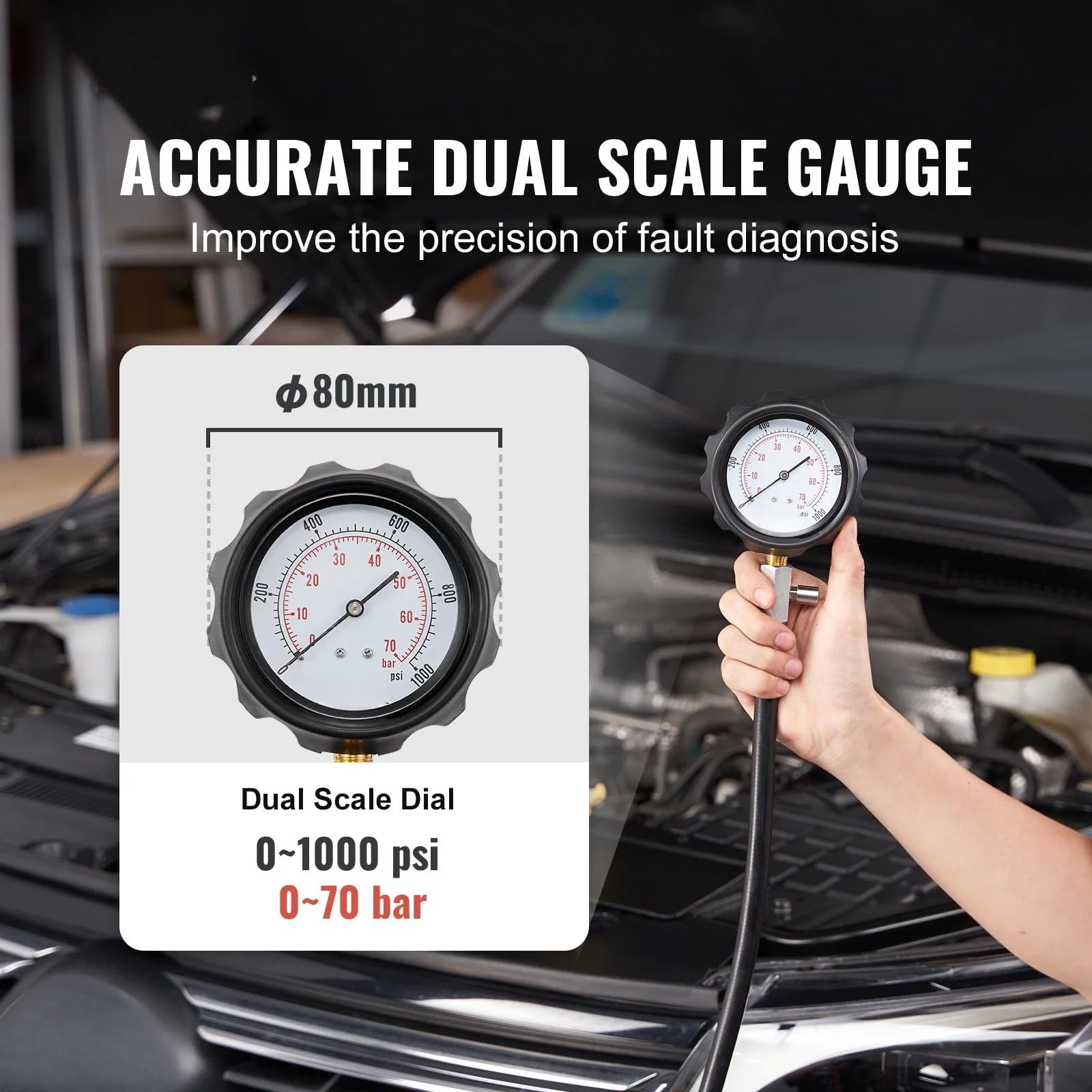 ECILKUC Diesel Engine Compression Tester: 18-Piece Cylinder Pressure Test Tool Kit with 0-1000 PSI Gauge and Adapters for Diesel Trucks, Tractors, and Equipment