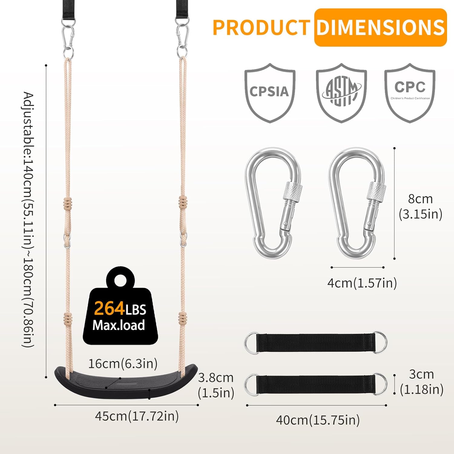 Ergonomic Kids Tree Swing with Adjustable Ropes,264lbs Heavy Duty Swing Seat with 2 Hanging Straps & 2 Carabiners for Outdoor Backyard Playground,Black