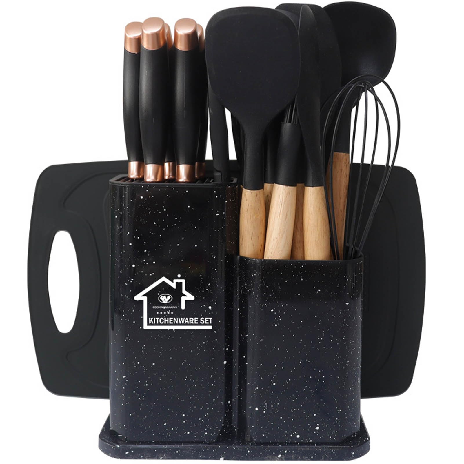 Kitchen Utensil Set including Knife Set and Chopping Board, Heat Resistant Silicone Utensils with Wooden Handle, Spoons