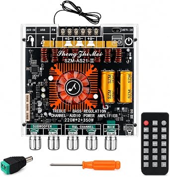 2.1-Channel Mini Bluetooth Amplifier with TWS Dual TPA3225 790W Peak 220W2 + 350W Sub, Bluetooth/FM/USB/AUX, IR Remote, DC1536V, Powerful Deep Bass for DIY Speakers & Home Audio