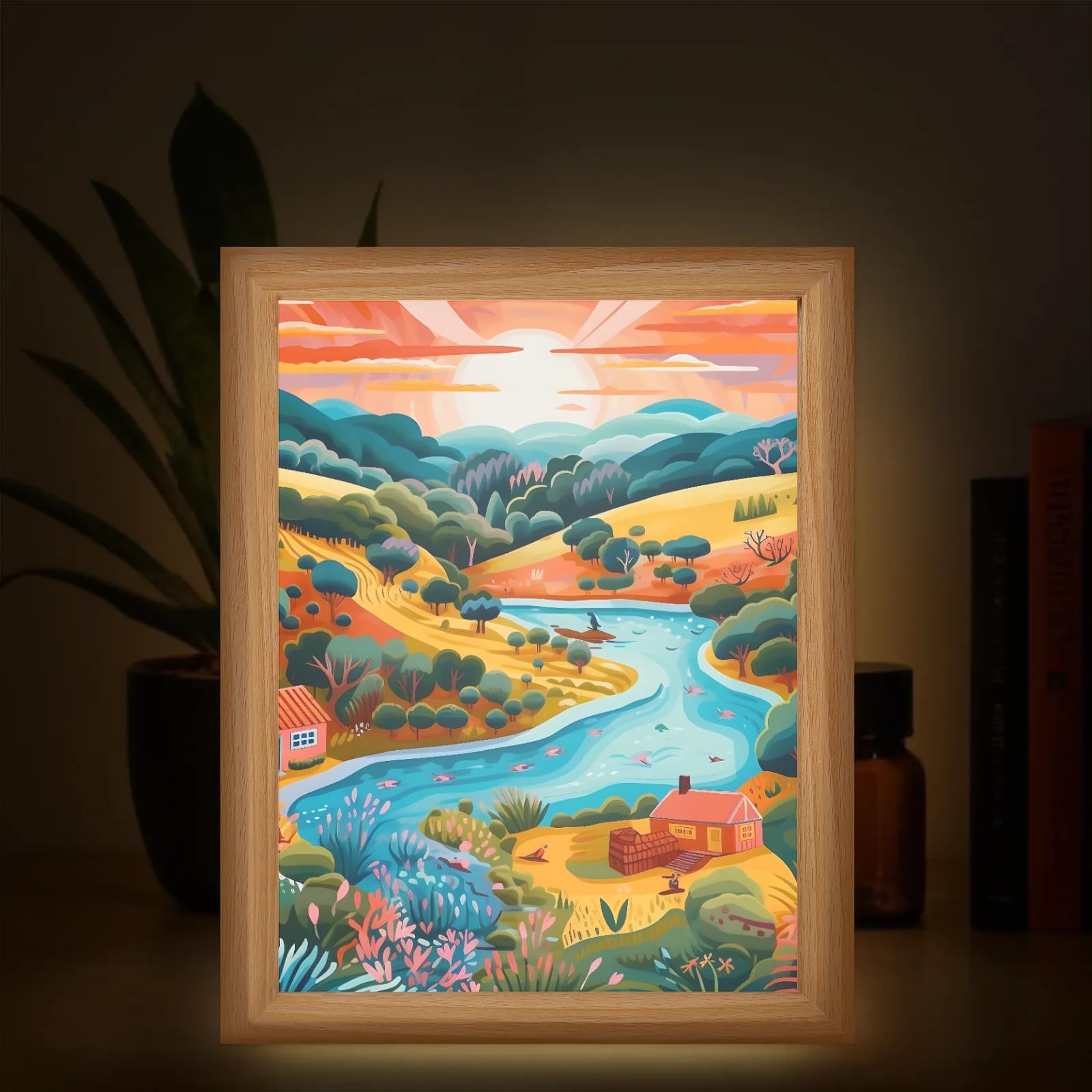 Light Up Painting, Graffiti Forest Wall Art Picture Light Sunset Forest Light Up Art Frame, 10 Brightness USB Powered 3 Lighting Modes, Anxiety Relief Gift for Bedroom Home-Without Acrylic Panel
