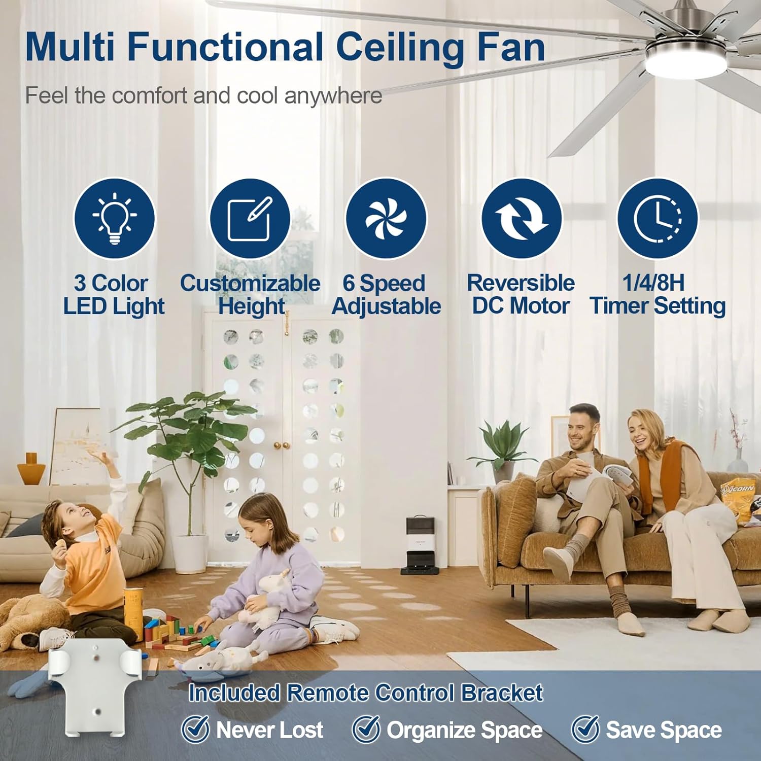 Outdoor Ceiling Fan with Remote: 100 Inch Large Fan - Industrial Ceiling Fan with Light for Patio Shop Garage Brushed Nickel Silver