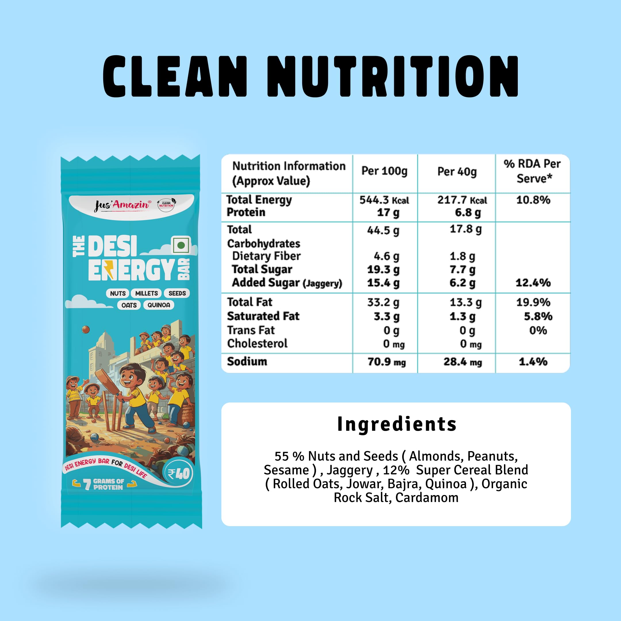 Jus' Amazin Desi Energy Bar - For Desi Life 40g | (Pack of 10) | 7g Protein | Goodness of Nuts, Millets, Seeds, Oats & Quinoa | 50% Less Sugar | No Refined Sugar | Natural Jaggery Sweetened | Natural - Image 2 thumbnail