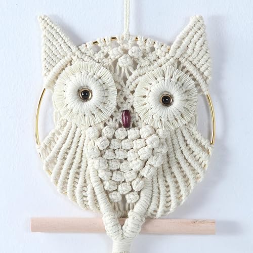 Miniatura 2 de Owl Ivory Cotton Handmade Macrame Wall Hanging Tapestry Home Decor Art and Beige Craft Wonderful Decoration Woven Boho Ornament for Office Bedroom
