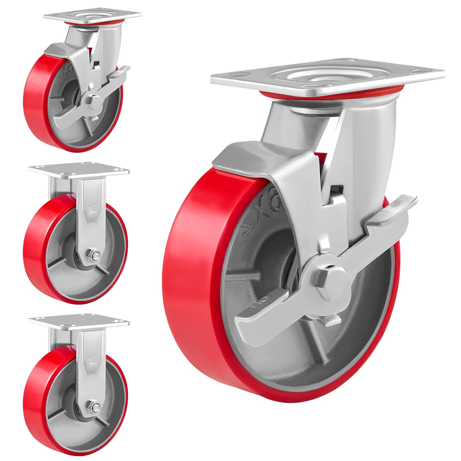 6" Casters Set of 4 Industrial Caster Wheels Heavy Duty with Load 4800lbs Capacity, Polyurethane Wheels for Workbench,Toolbox, Dolly (6"- 2 Swivel & 2 Rigid - 2 Side Brakes)