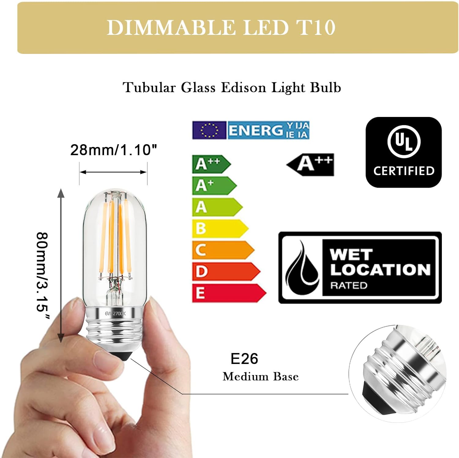 3.2 Inch 2700K Soft White E26 LED Bulb 60 Watt Equal, AC 120V 600LM Edison Bulbs Dimmable, 6W T10 T30 Tubular Filament Light Bulbs Clear Glass for Fan Pendant Wall Light, UL Certified-6 Pack