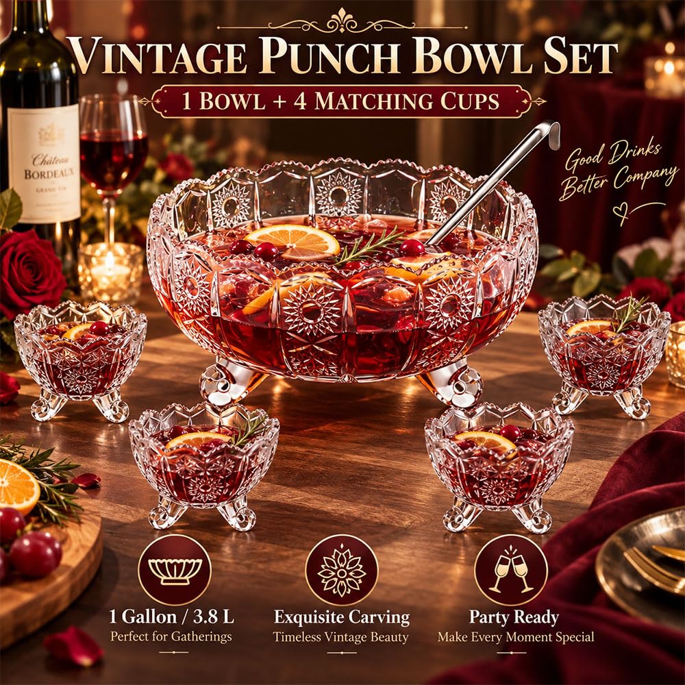 Vintage-Bowleschale aus Kristallglas mit Reliefdekor und 4 Tassen, Bowleschale mit Schwerem Boden (3800 ml), Bruchsicheres Klarglas, für Sangria, Cocktails, Eistee und Obstsalat