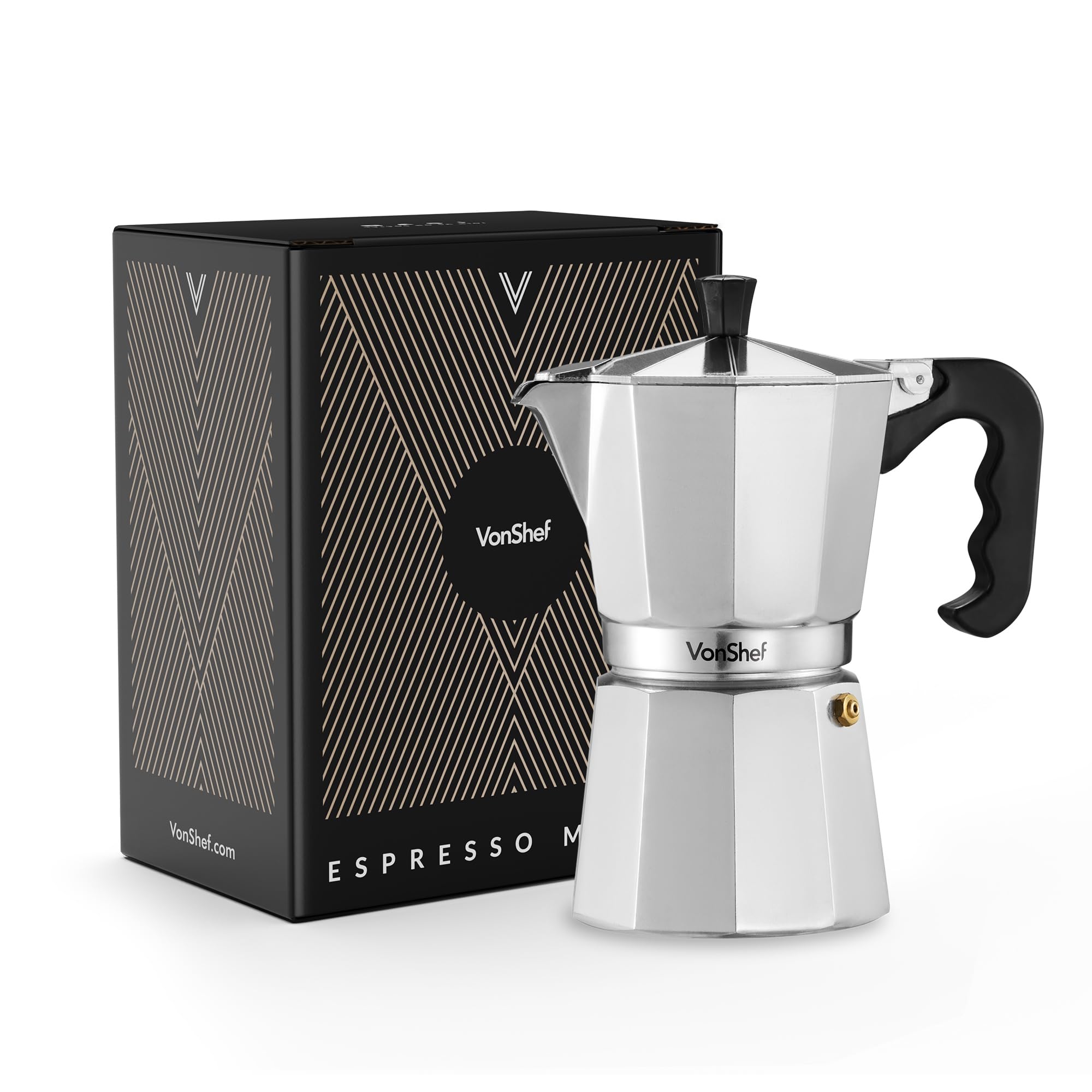 VonShef Espressokanne für den Herd, Italienischer Espressokocher aus Aluminium für Gas- & Elektroherd - Mokkakanne mit Ersatz-Dichtung und -Filter (300ml / 6 Tassen)