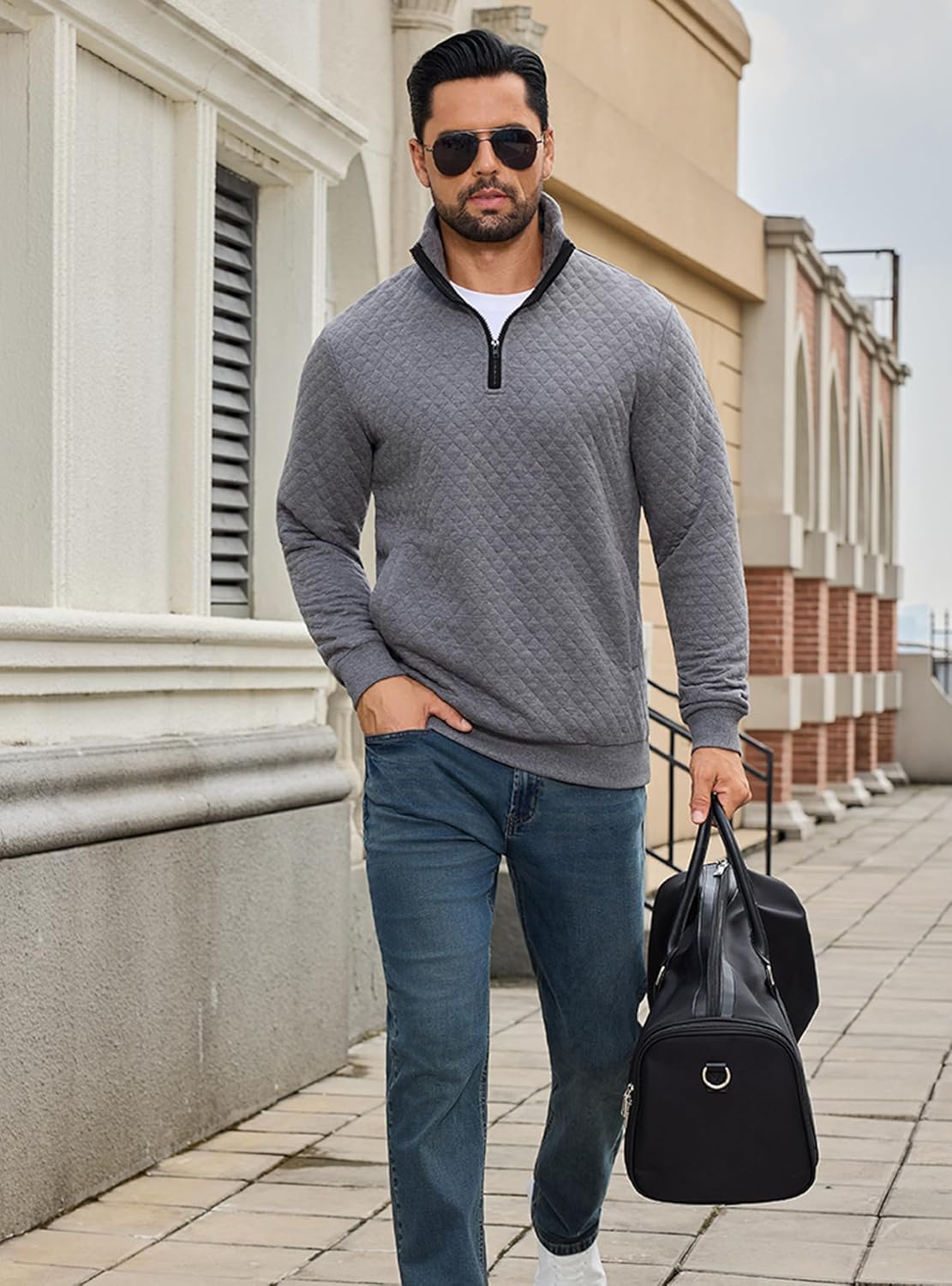 URRU Men’s Quarter Zip Pullover Quilted Sweater Long Sleeve Mock Neck Polo with Pocket - Image 3