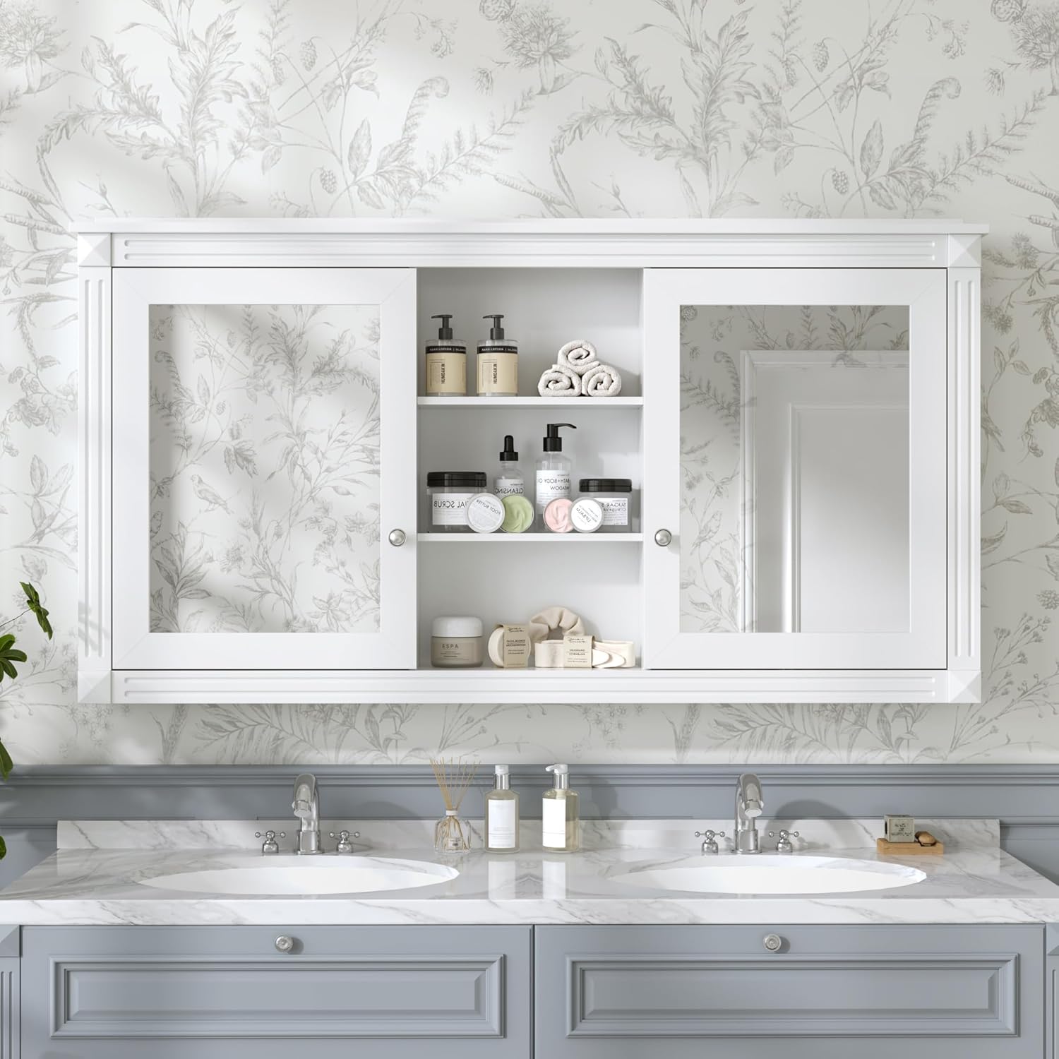 55" Wall-Mounted 2-in-1 Mirror Cabinet with HD Mirror, Adjustable Shelves & Soft-Closing Hinges, Multi-Purpose Storage Organizer for Bathroom, Living Room & Bedroom, White