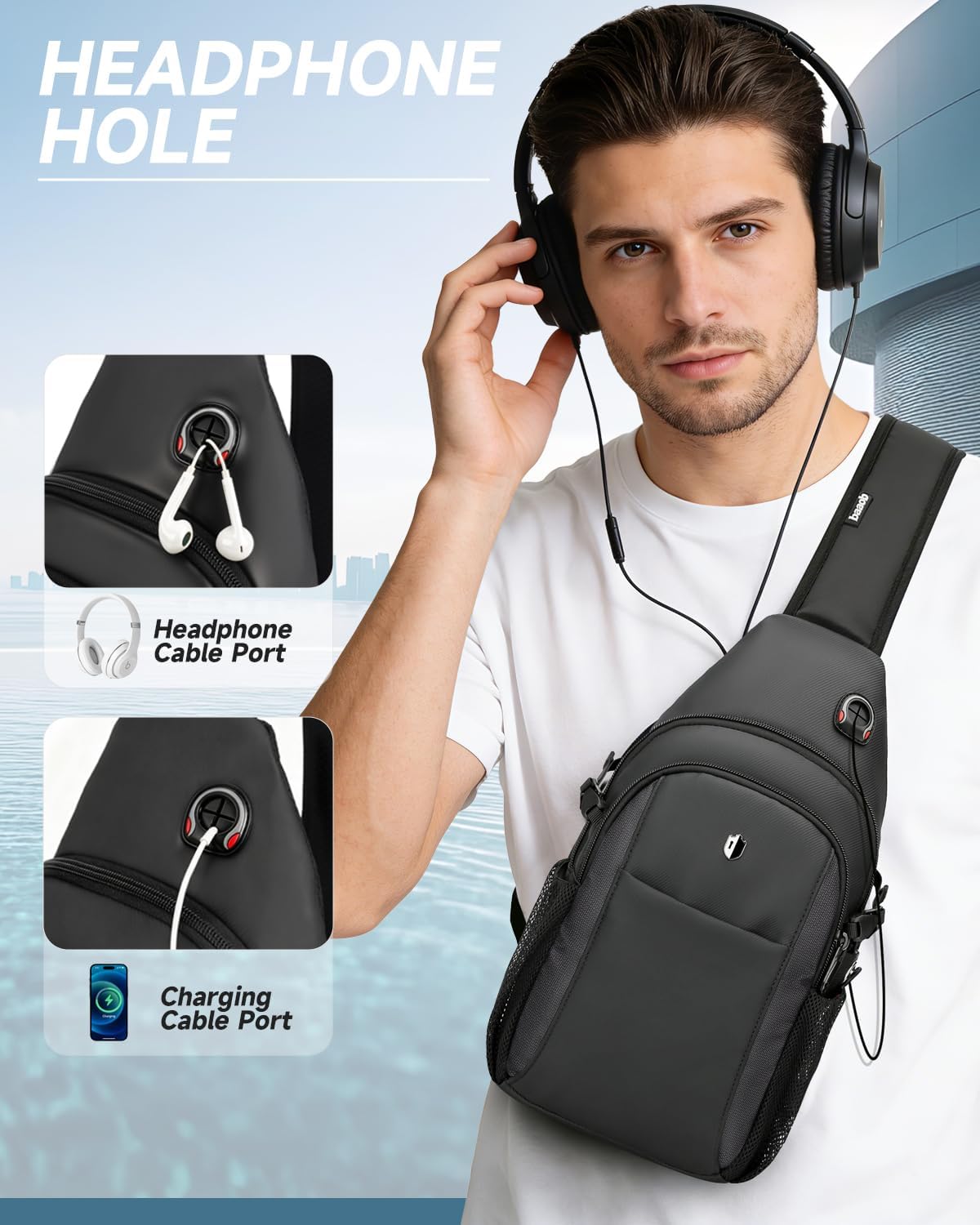 Anti Theft Sling Bag for Men, Expandable Crossbody Chest Bag with Water Bottle Pocket, Travel Sling Backpack Fits 11” iPad & Switch 2 for Commuting, Hiking, Daily Carry, Black | Mens Crossbody Bag, Versatile Daypack, lightweight, Built-in Audio Port, Reversible Strap
