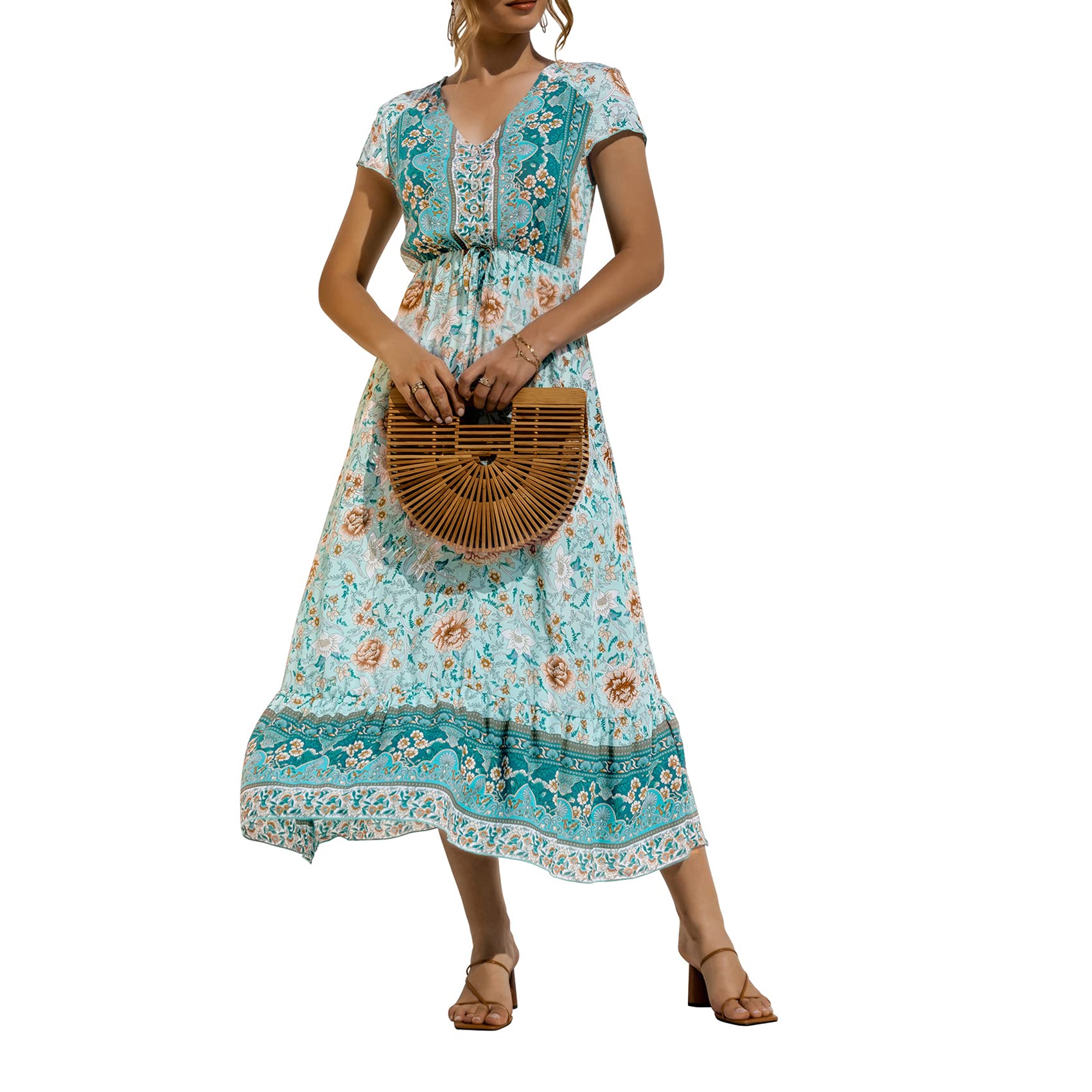 BDCUYAHSKL Primavera Y Verano Moda para Mujer Casual con Cuello En V Estampado Floral Cintura con Cordones Manga Corta Vestido Largo Suelto Mujer