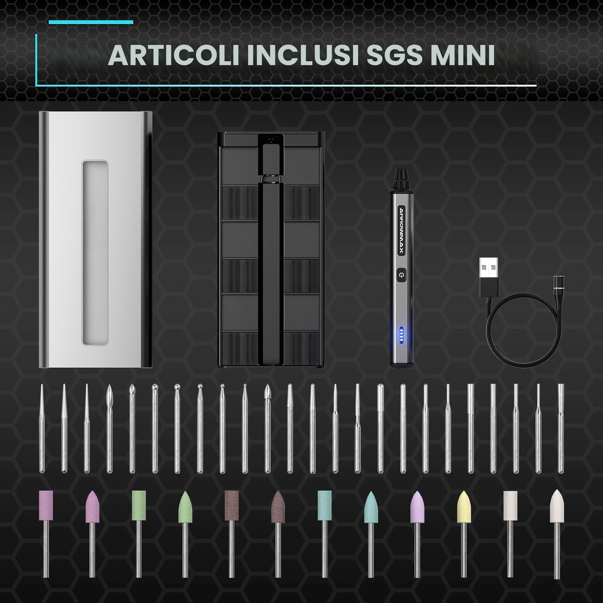 ARROWMAX Penna per incisione elettrica, penna per lucidatura con 36 punte, custodia in alluminio, Bluetooth, APP, carica magnetica wireless, macchina per incisione senza fili per gioielli (SGS MINI)