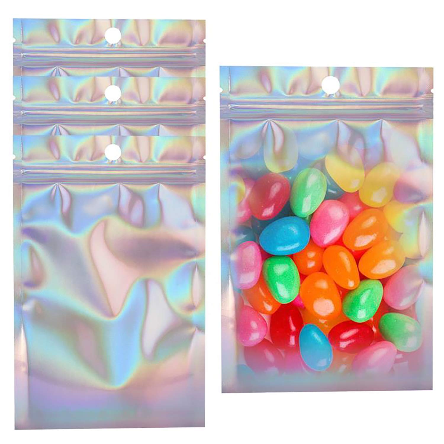 Sinha 100PCS Resealable Cute Packaging Sample Bag Flat Ziplock Bag Mylar Bags for Food Storage, Holographic Color (4x6inch)
