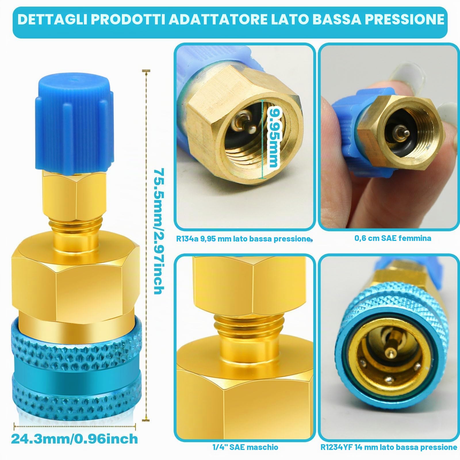 Adattatori R1234yf a R134a, kit attacchi rapidi Kit ricarica refrigerante R1234yf, lato alto/basso Adattatori R134a a R1234yf per R1234yf/R134a Car AC Sistema refrigerante Evacuazione Ricarica
