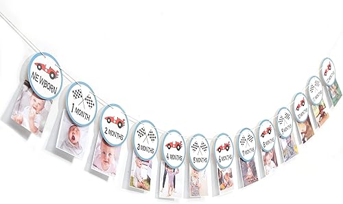 Cartel de fotos mensual de autos de carreras, decoración rápida de fiesta de cumpleaños, cartel de fotos con temática de carreras para recién