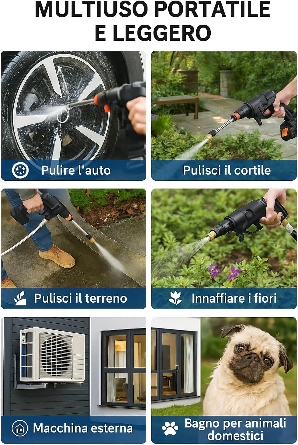 Idropulitrice a Doppia Batteria 48V 8000Mah, Ugello 6 in 1, Idropulitrice Portatile con 2 Batterie e Tubo da 5M, Pulitore ad Alta Pressione Senza Fili per Auto, Giardino, Pavimenti e Esterni