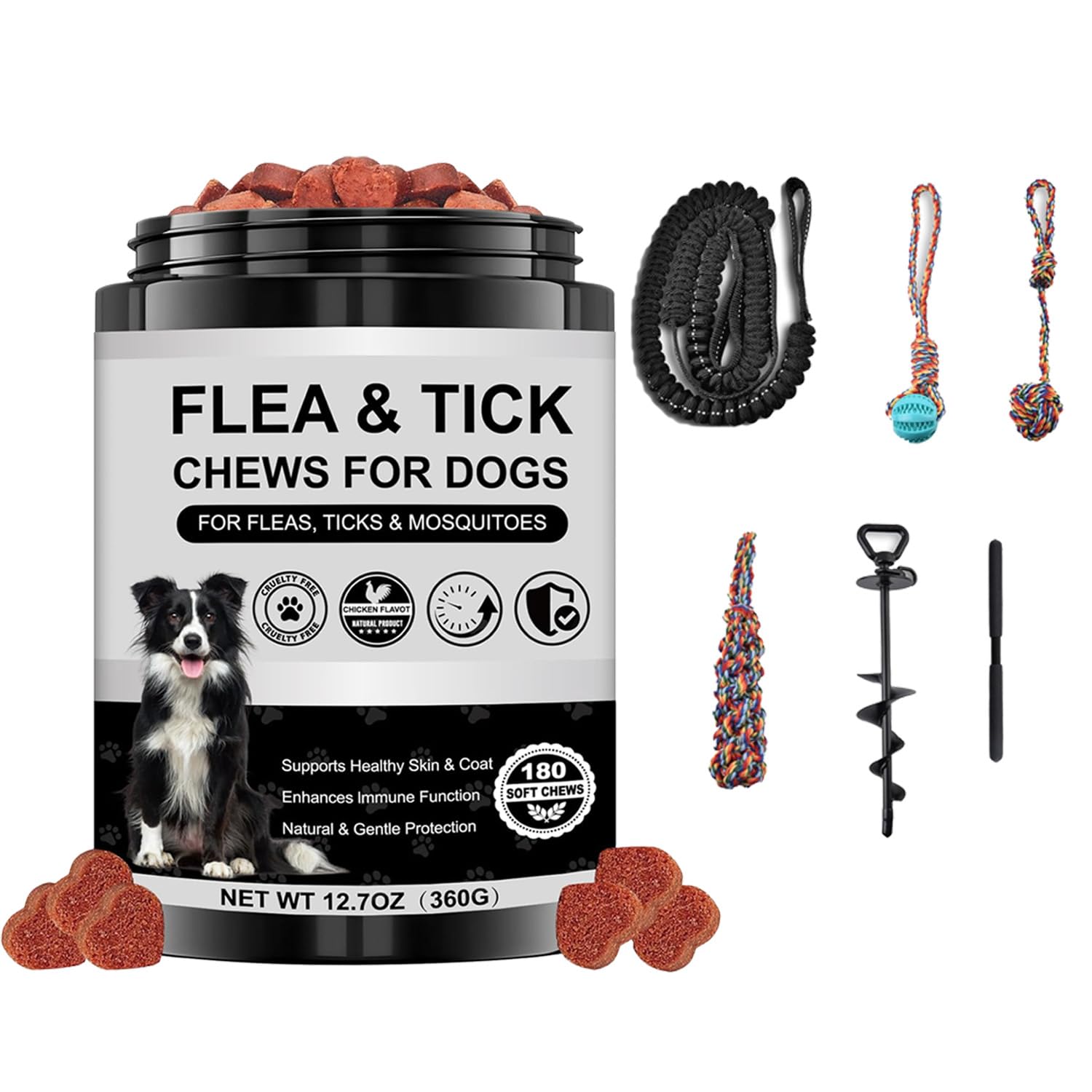 Dog Flea and Tick Chewable Supplement Tether Tug Outdoor Dog Toy with Upgraded Steel Stake