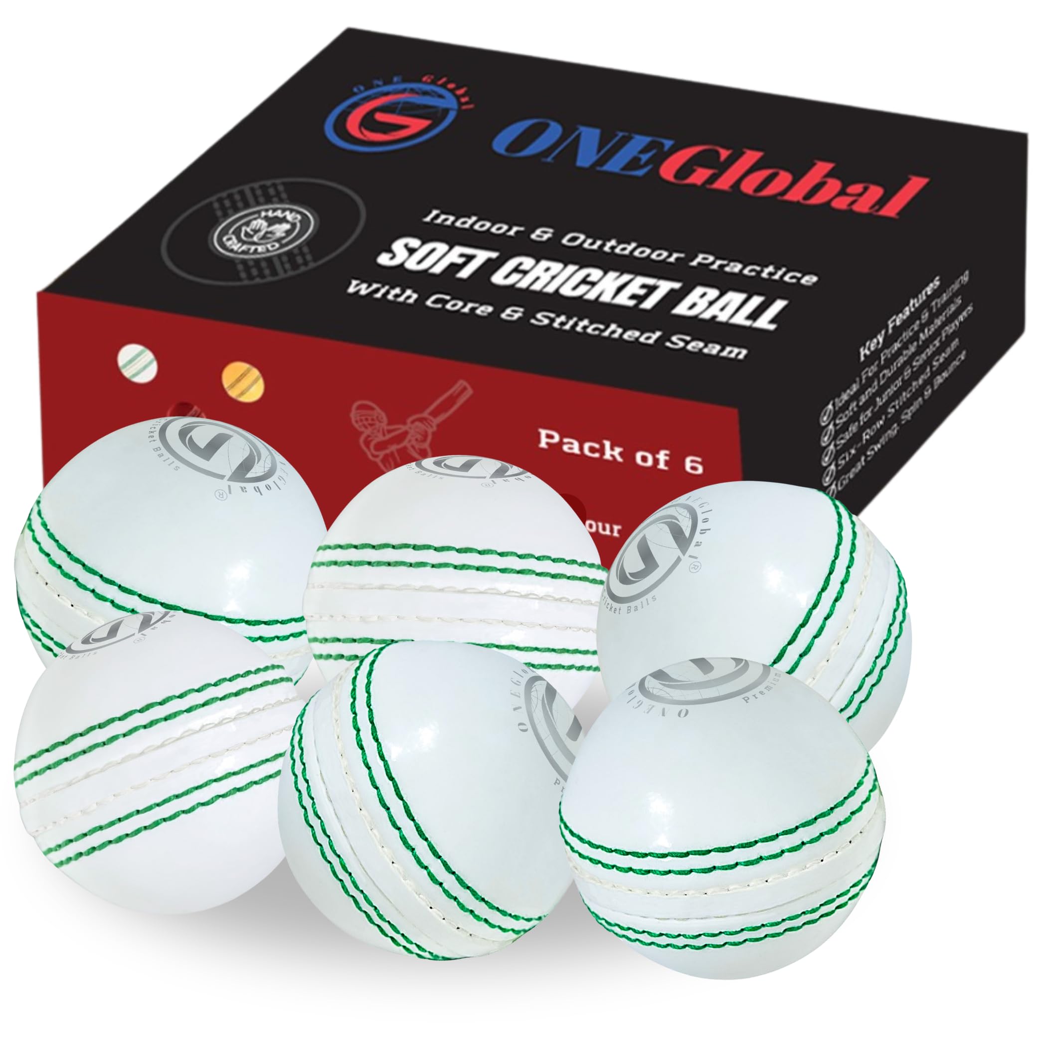 ONEGlobal Incrediball Junior Soft Practice Cricket Ball | Outdoor & Indoor Rubber Cricket Ball With Core & Stitched Seam | For Practice, Training & Family Fun | Senior & Junior Size (6 White, Junior)