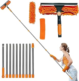 Kottwca 4,5M Fensterwischer mit Teleskopstiel, Fensterputzer Teleskop mit Gummiwischer und Mikrofasertuch, 2 in 1 Langer Glas Fensterreiniger Set für Bad, Innen & Außen, Hochfenster, Wand, Auto,Orange