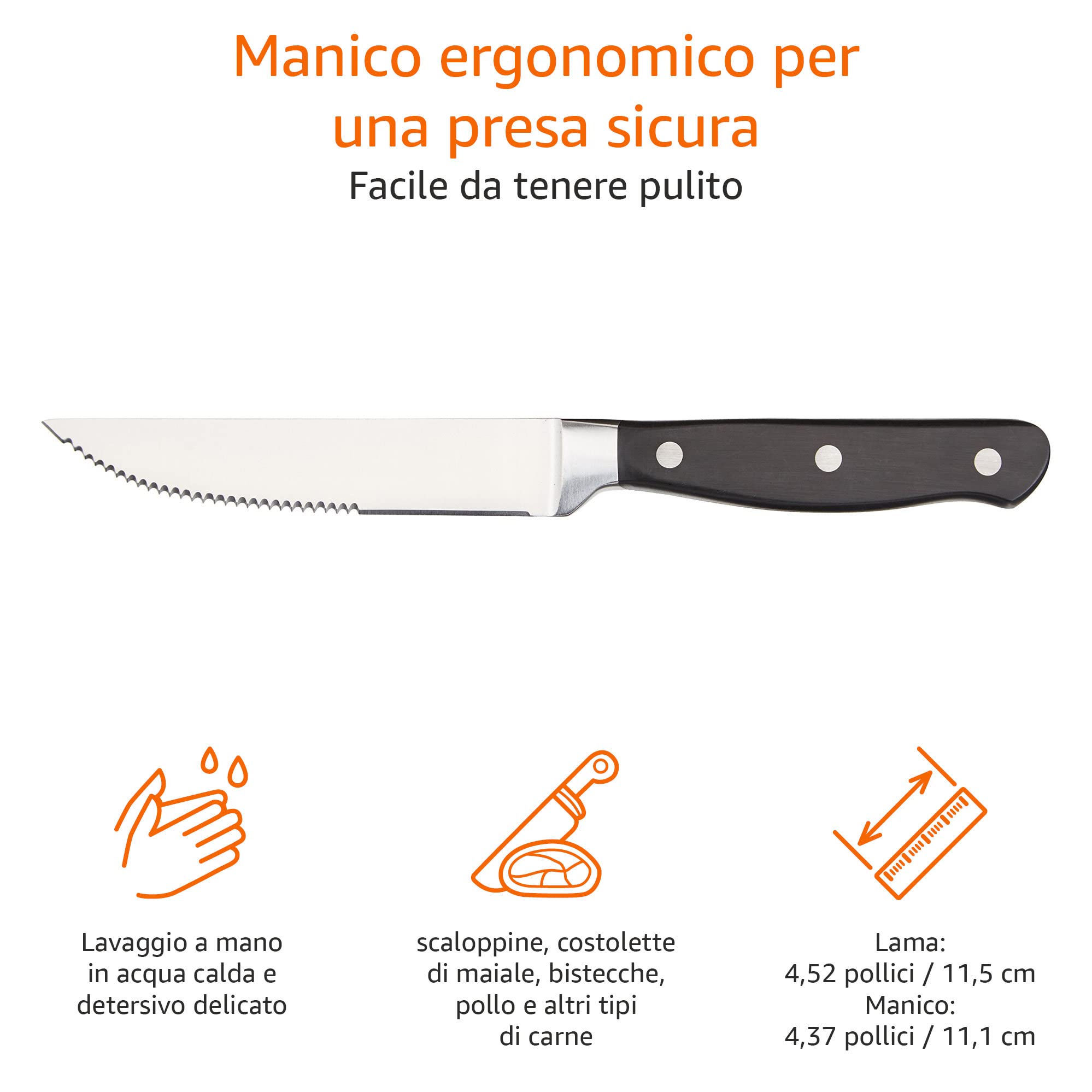 Amazon Basics Set Premium di coltelli da carne, 8 pezzi, Nero/acciaio inossidabile