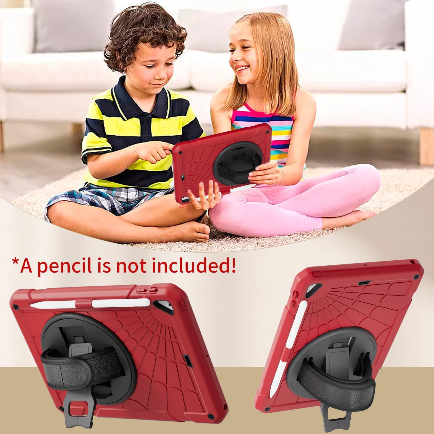 Case for iPad 6th / 5th Generation Case/Air 2 / Pro 9.7 inch, Heavy Duty Protective, with Pencil Holder, Hand Strap, Shoulder Strap, 360 Rotate Stand (Red+Black)